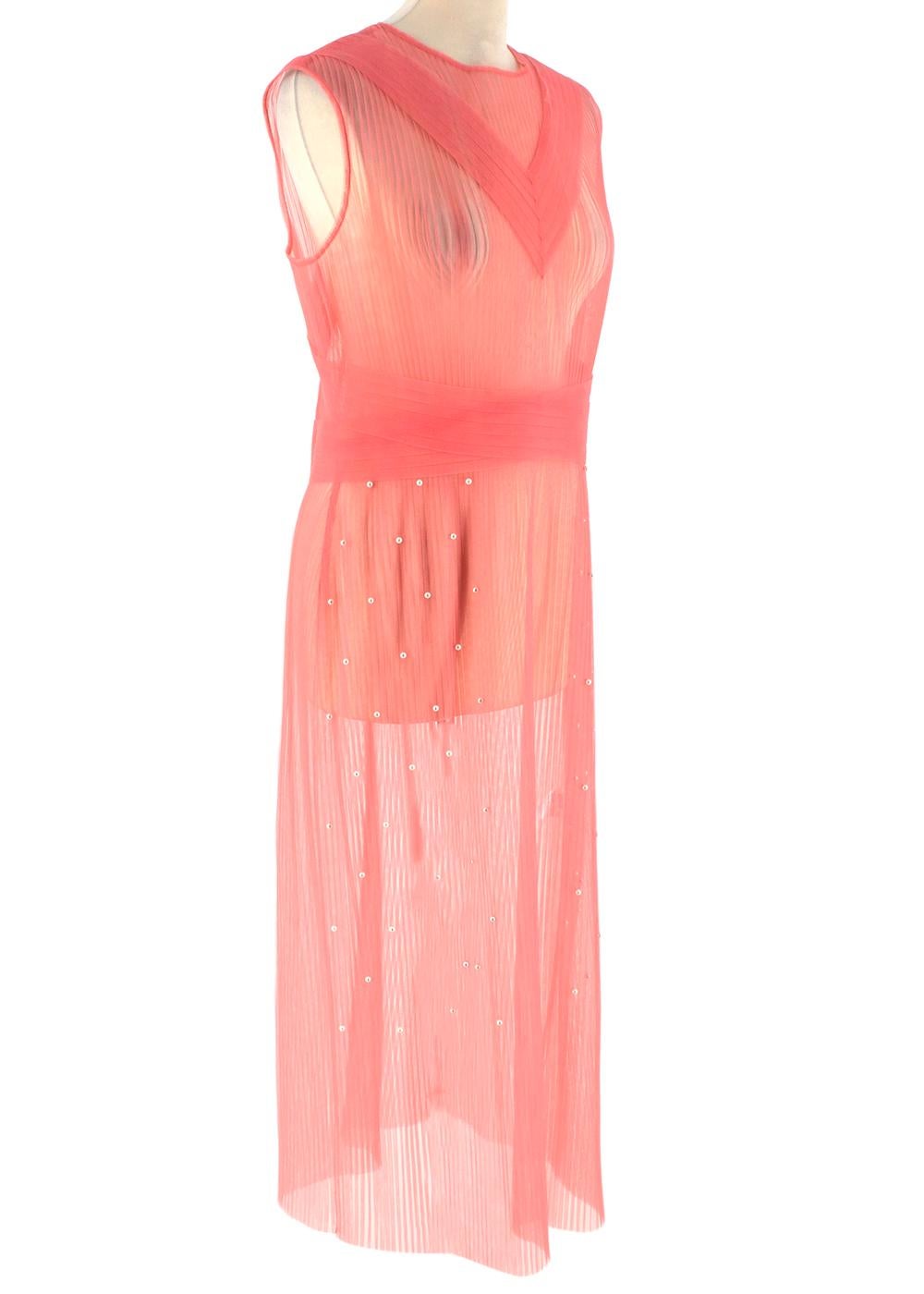 Huishan Zhang Pink Sheer Pearl Embellished Dress

- Pearl embellishment 
- Sleeveless
- Sheer mesh fabric
- Invisible back zip fastening 
- Round neck 

Materials:
Main fabric:
- 100% Polyester 
Trim:
- Imitation Pearl

Hand Wash Only 

Made in