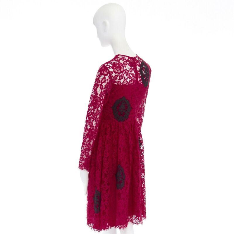 Red HUISHAN ZHANG red floral embroidered lace black spot flared cocktail dress US4 S For Sale