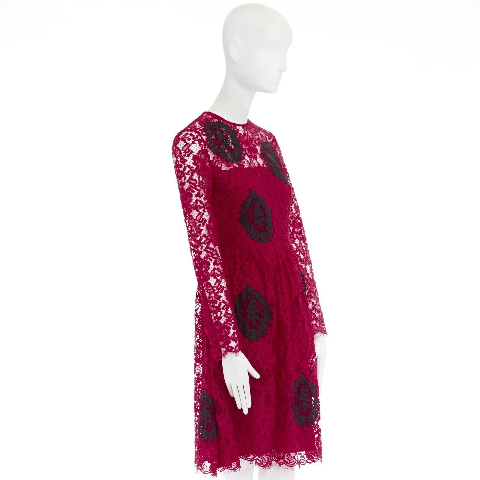 Red HUISHAN ZHANG red floral embroidered lace black spot flared cocktail dress US4 S