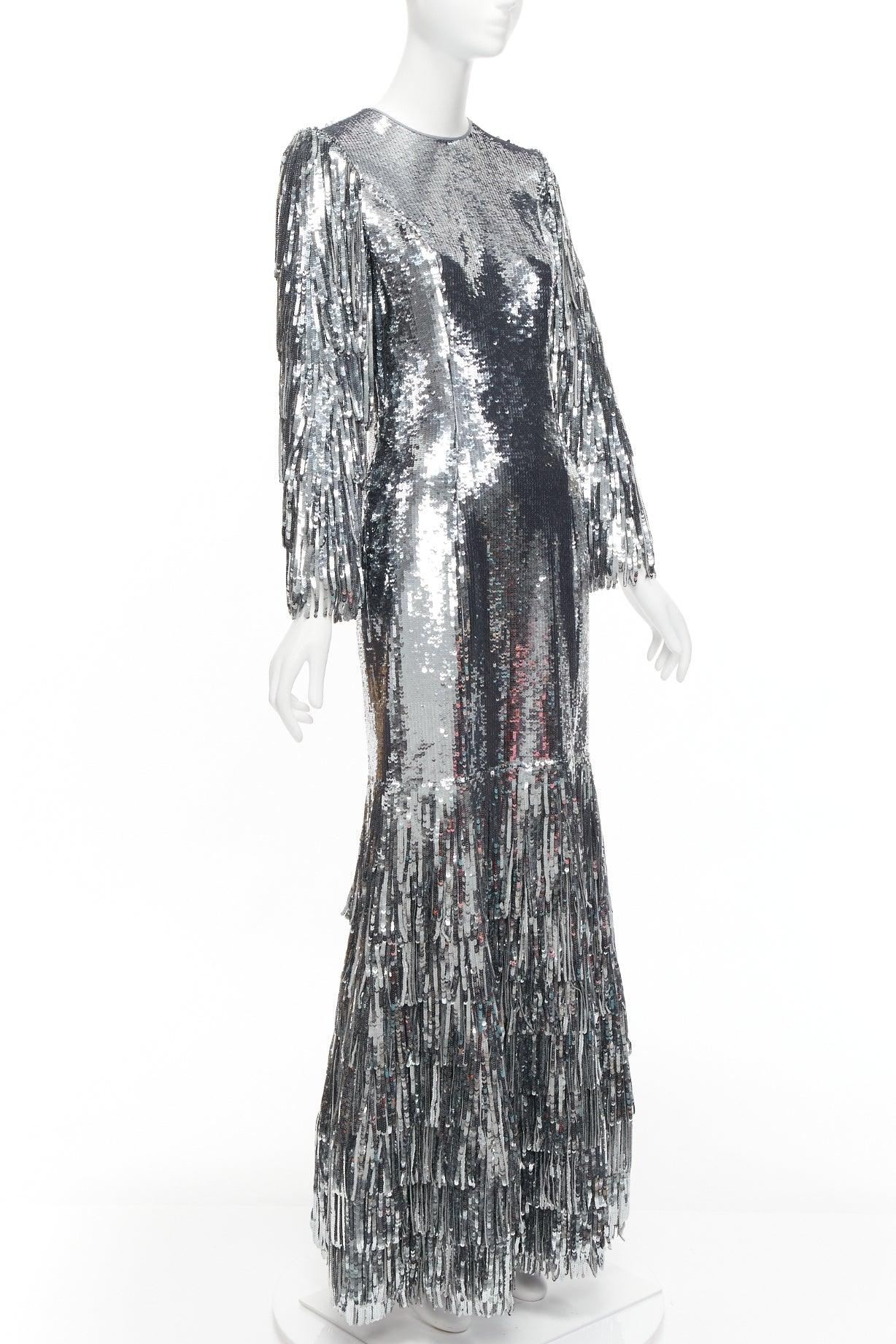 HUISHAN ZHANG silver sequins fringe detail silk lined mermaid gown dress UK6 XS
Reference: AAWC/A00703
Brand: Huishan Zhang
Material: Polyester
Color: Silver
Pattern: Sequins
Closure: Zip
Lining: White Silk
Extra Details: Back zip closure.
Made in: