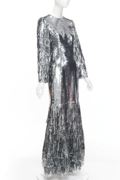 HUISHAN ZHANG silver sequins fringe detail silk lined mermaid gown dress UK6 XS