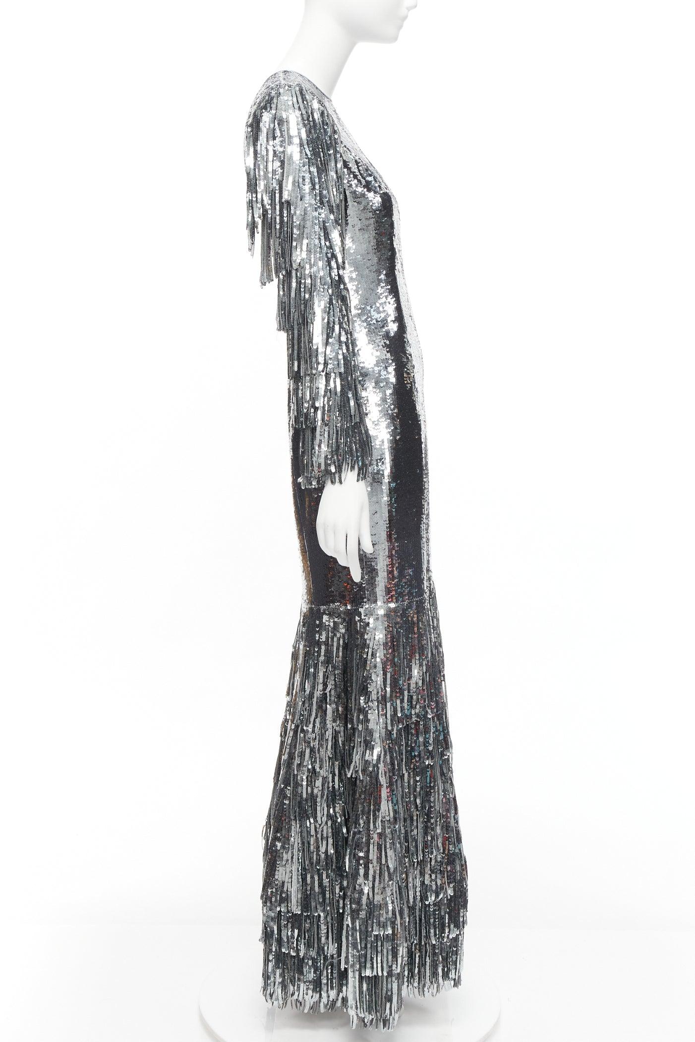 HUISHAN ZHANG silver sequins fringe detail silk lined mermaid gown dress UK6 XS In Good Condition For Sale In Hong Kong, NT