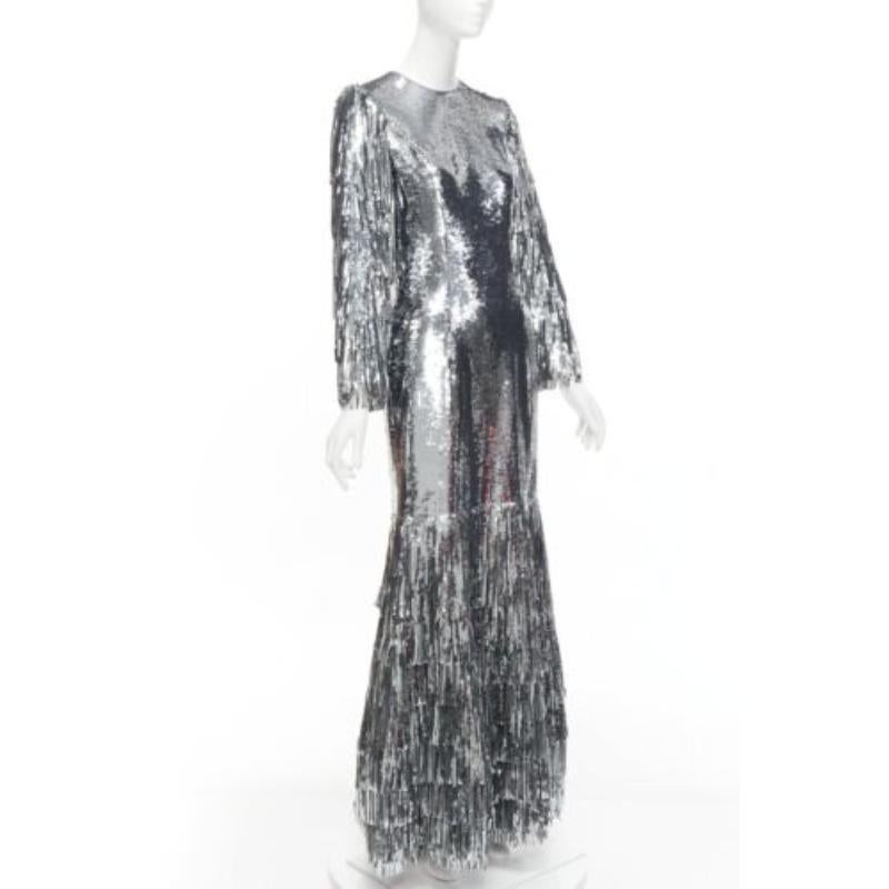 Silver HUISHAN ZHANG silver sequins fringe detail silk lined mermaid gown dress UK6 XS