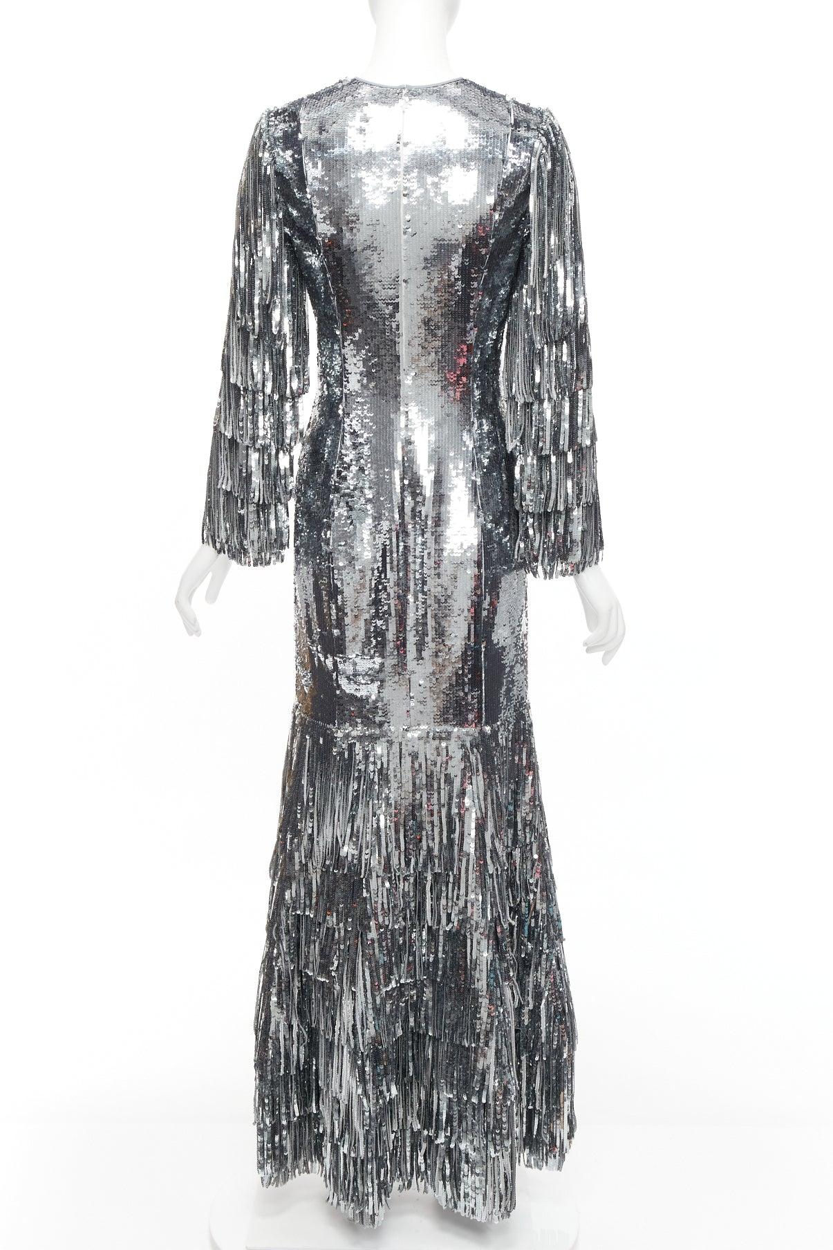 Women's HUISHAN ZHANG silver sequins fringe detail silk lined mermaid gown dress UK6 XS For Sale