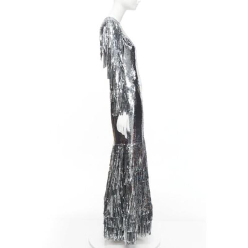 HUISHAN ZHANG silver sequins fringe detail silk lined mermaid gown dress UK6 XS In Good Condition In Hong Kong, NT