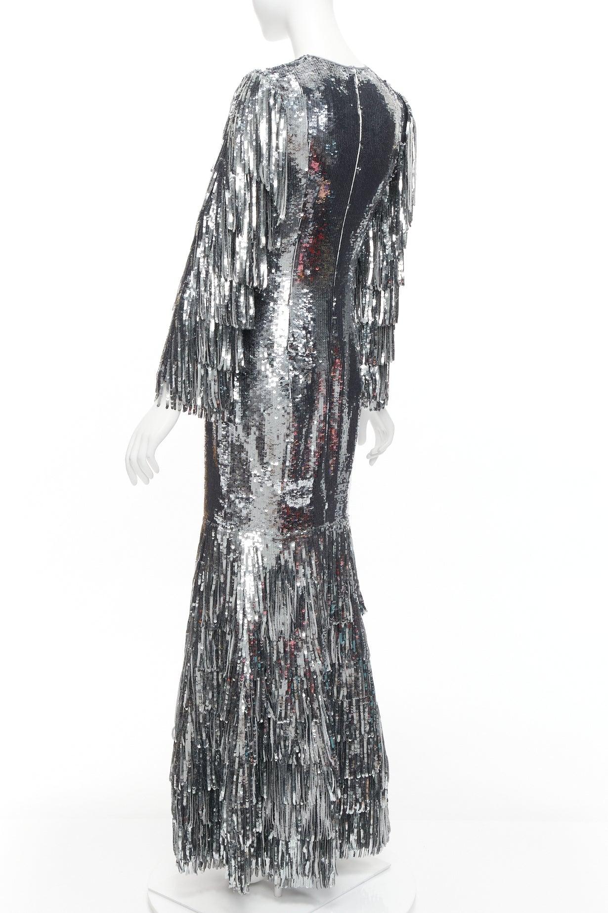 HUISHAN ZHANG paillettes argentées franges soie doublée robe sirène UK6 XS en vente 1