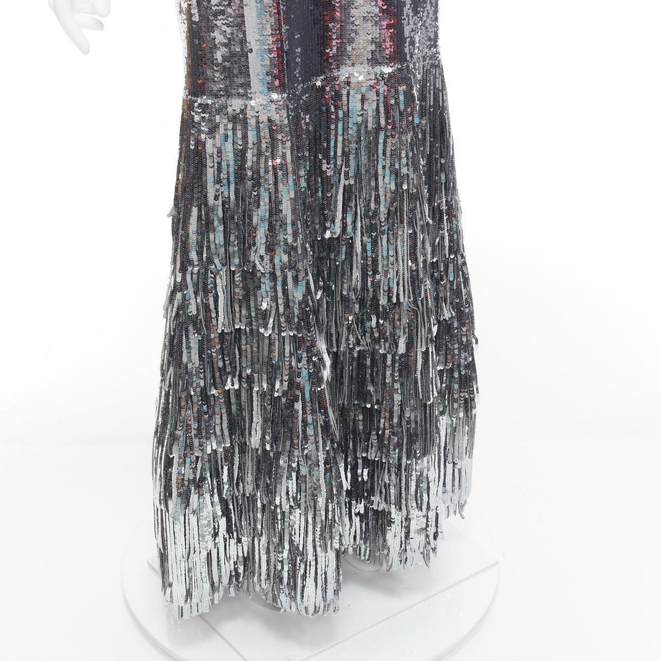 HUISHAN ZHANG paillettes argentées franges soie doublée robe sirène UK6 XS en vente 2