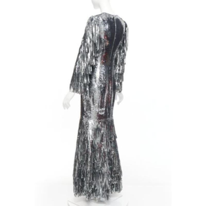 HUISHAN ZHANG silver sequins fringe detail silk lined mermaid gown dress UK6 XS 1
