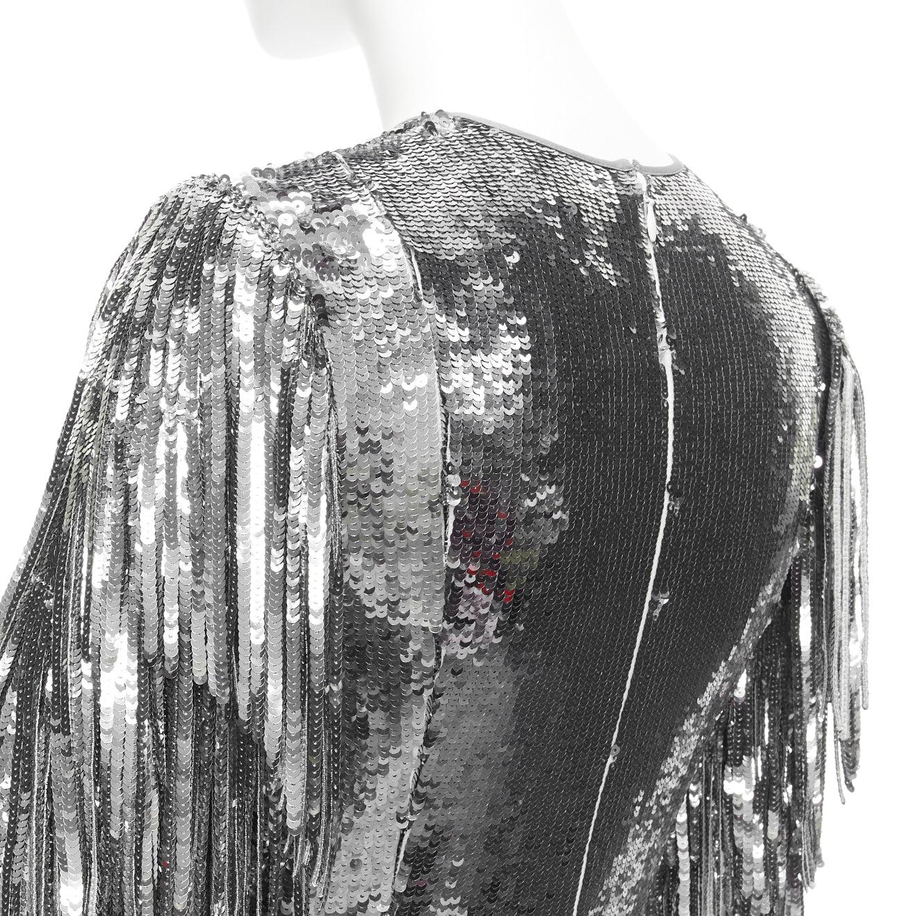 HUISHAN ZHANG paillettes argentées franges soie doublée robe sirène UK6 XS en vente 3