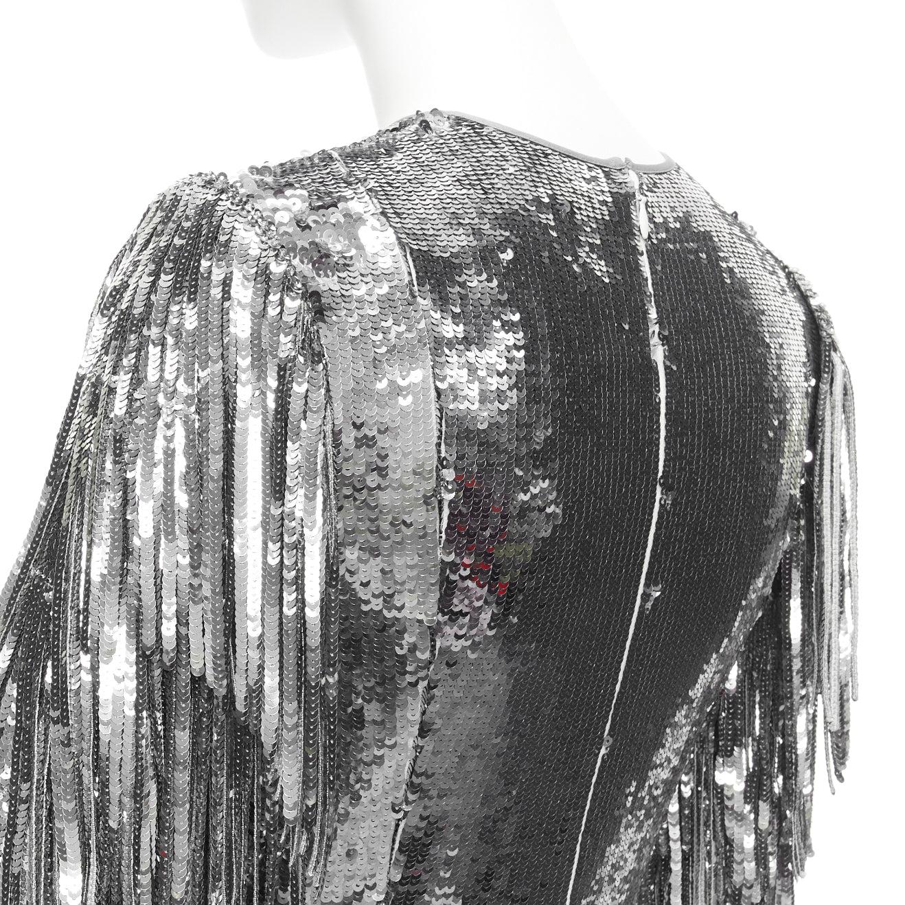 HUISHAN ZHANG silver sequins fringe detail silk lined mermaid gown dress UK6 XS 2