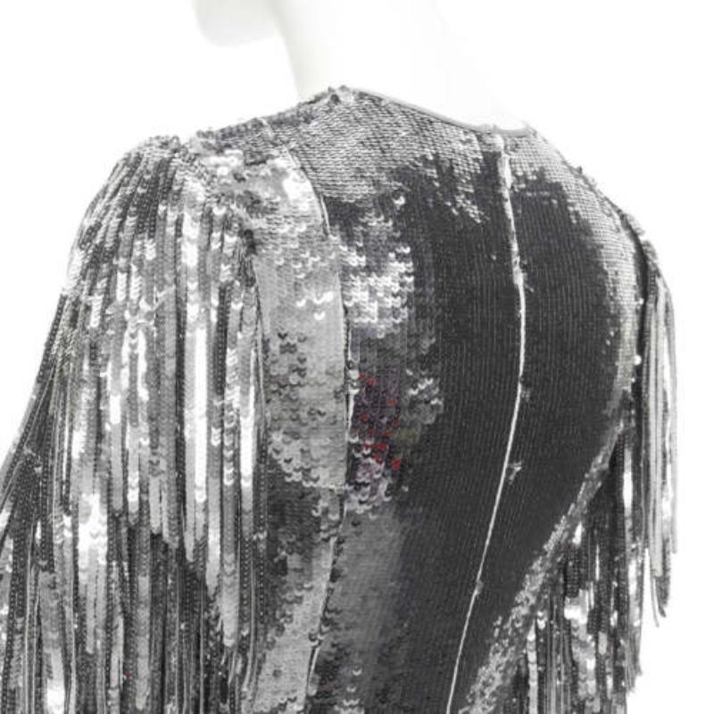 HUISHAN ZHANG silver sequins fringe detail silk lined mermaid gown dress UK6 XS 2