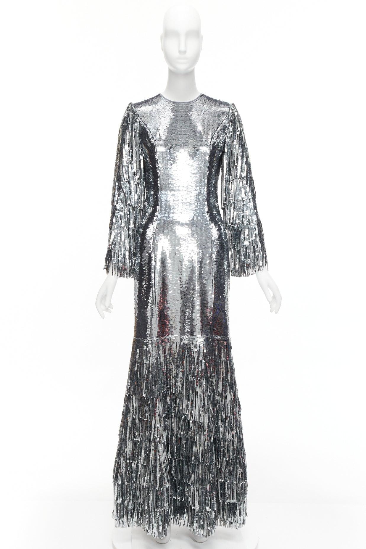 HUISHAN ZHANG silver sequins fringe detail silk lined mermaid gown dress UK6 XS For Sale 5