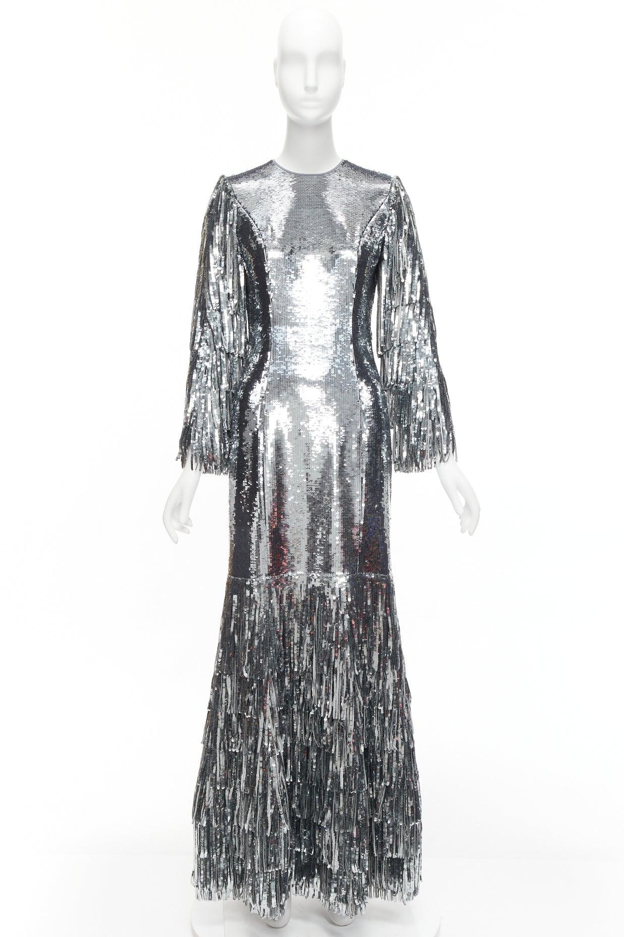 HUISHAN ZHANG silver sequins fringe detail silk lined mermaid gown dress UK6 XS 4