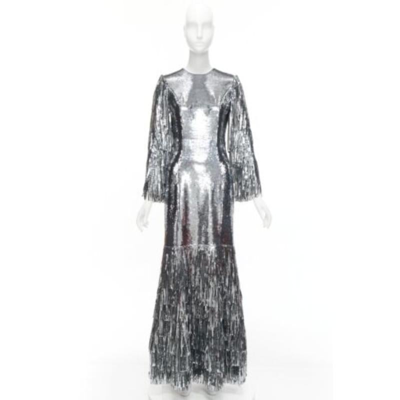 HUISHAN ZHANG silver sequins fringe detail silk lined mermaid gown dress UK6 XS 4