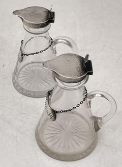 Hukin & Heath Pair of English Sterling Silver Claret Jugs with Whiskey and Brand