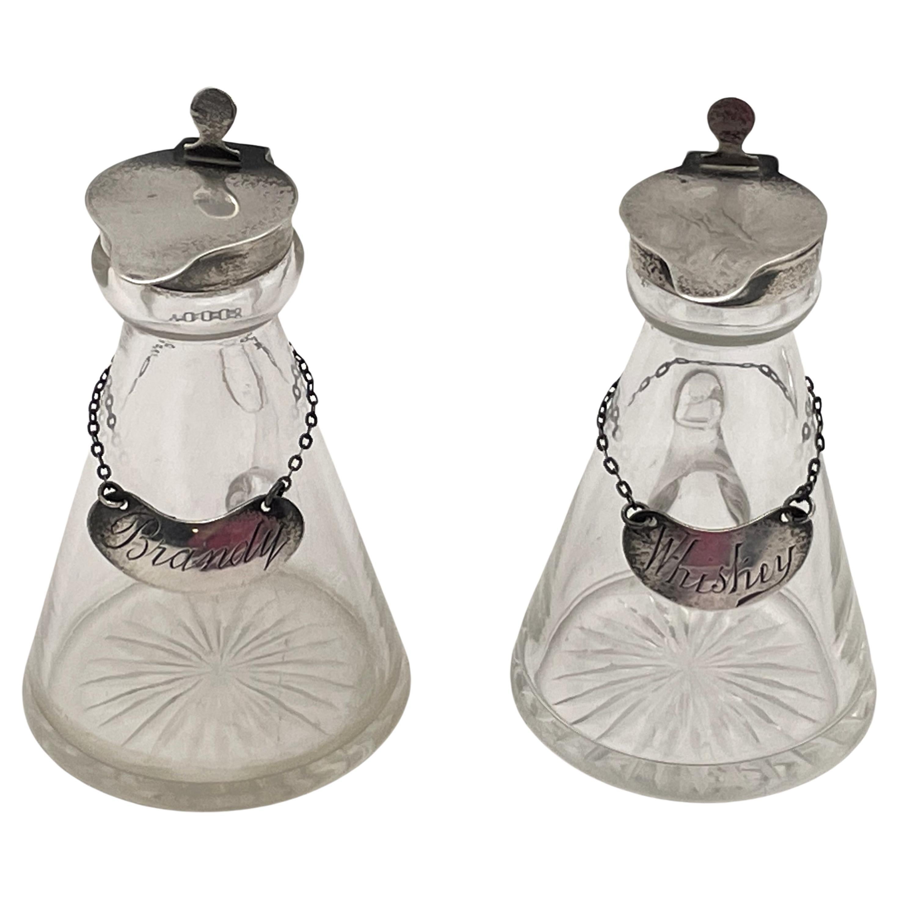 Hukin & Heath Pair of English Sterling Silver Claret Jugs with Whiskey and Brand
