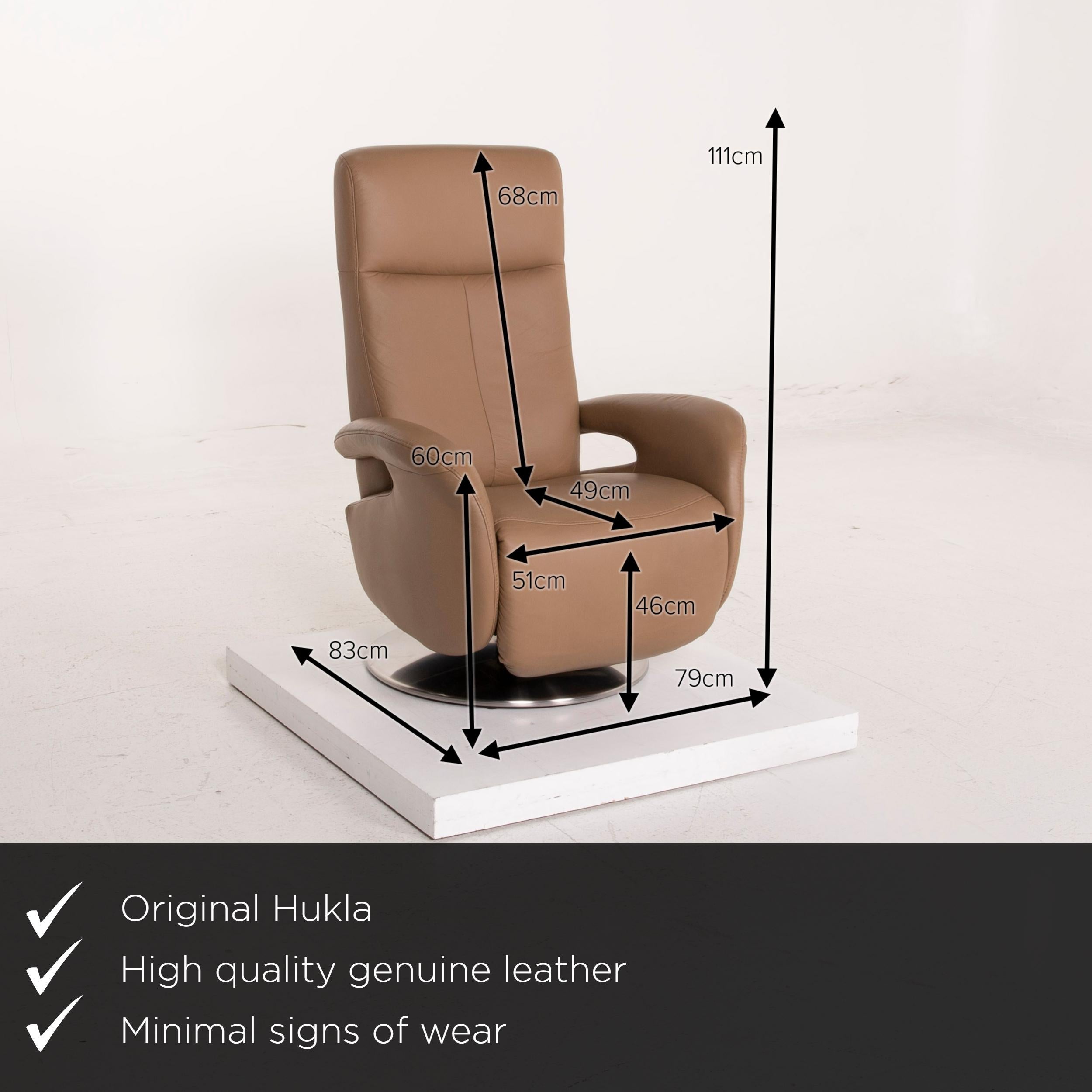 We present to you a Hukla leather armchair beige relax function.
 

 Product measurements in centimeters:
 

Depth 83
Width 79
Height 111
Seat height 46
Rest height 60
Seat depth 49
Seat width 51
Back height 68.

 