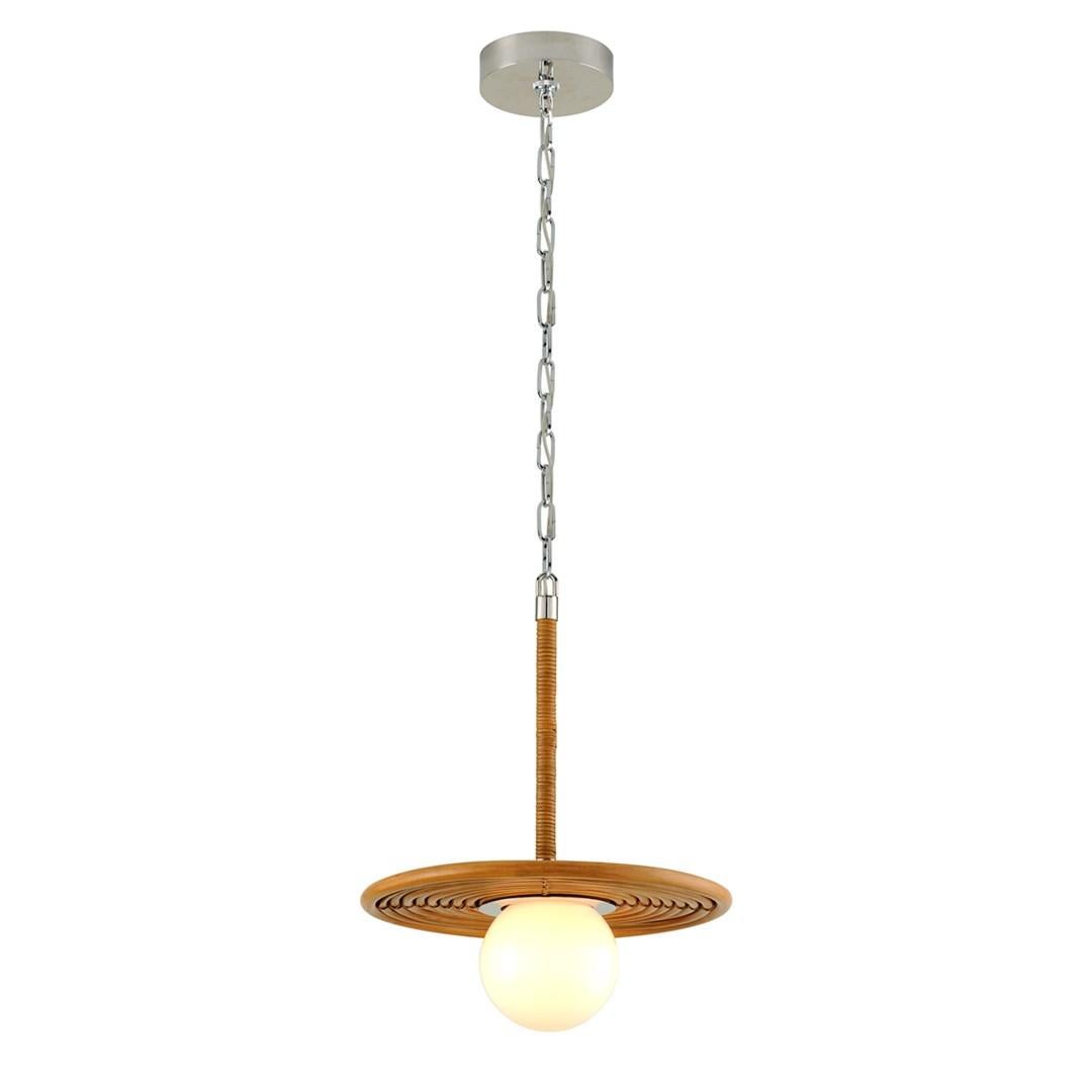 Martyn Lawrence Bullard for Corbett Lighting
A series of nested natural rattan rings create an elegant disc shade accented by a contrasting stainless steel center plate for a balanced modern yet organic aesthetic. The opal white glass globe creates