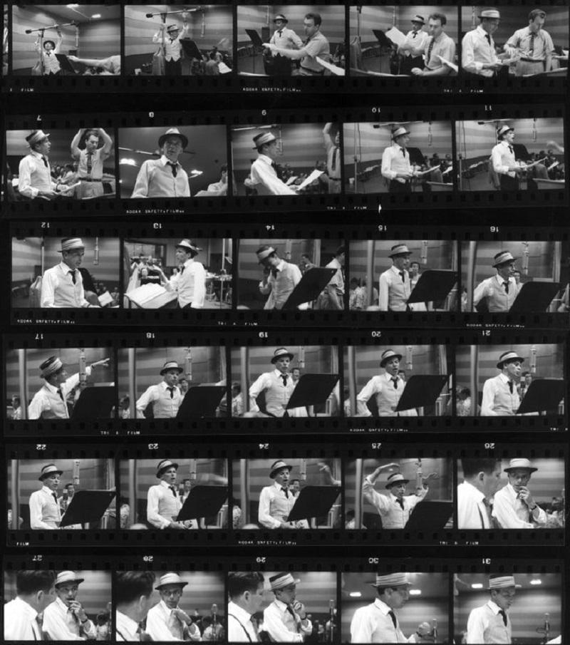 "Frames Of Frank" by Hulton Archive

circa 1955: Contact sheet of American actor and singer Frank Sinatra singing in front of a music stand in recording studio.

Unframed
Paper Size: 40" x 30'' (inches)
Printed 2022 
Silver Gelatin Fibre Print