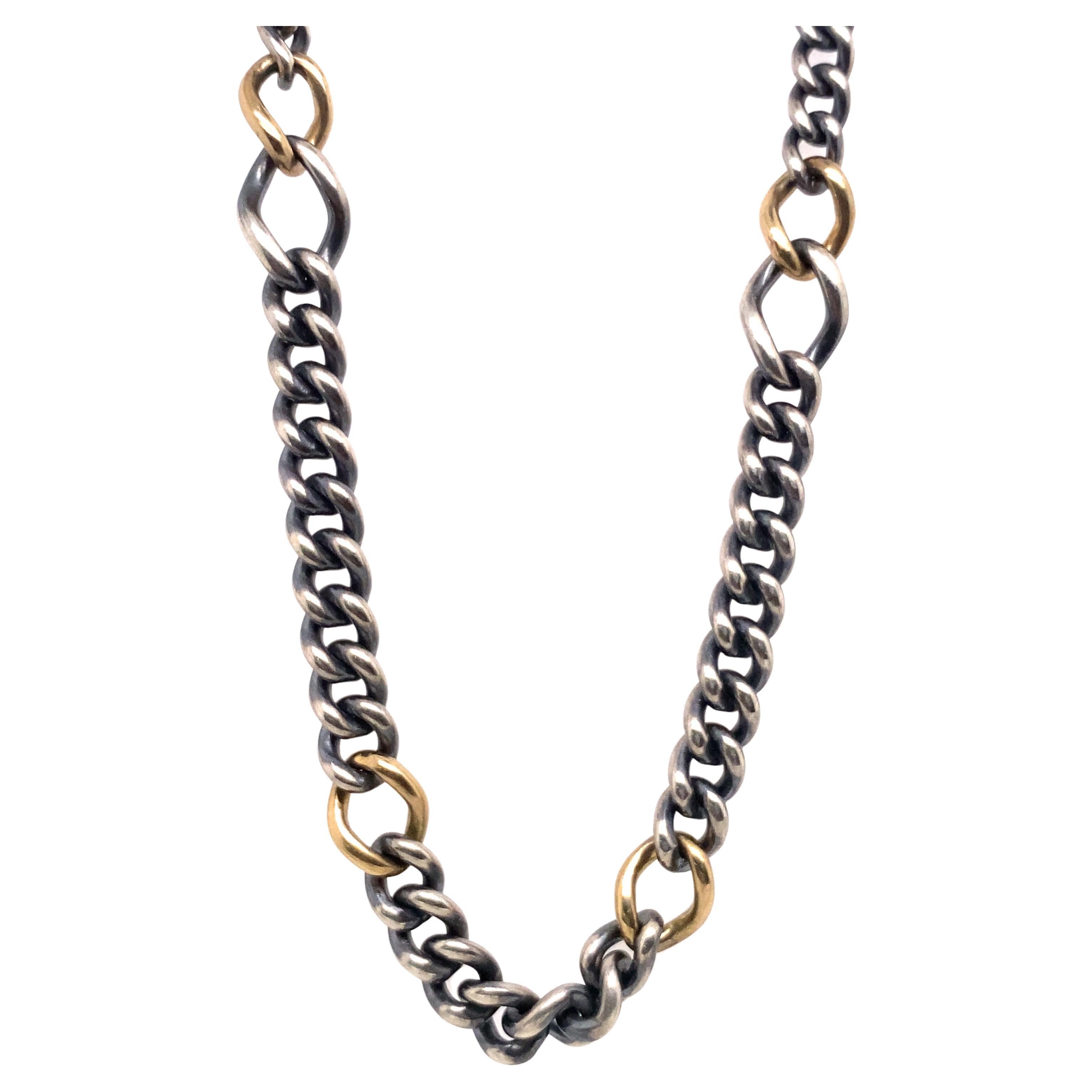 Hum 18ct Yellow Gold & Silver Curb Chain Necklace With Twist-Lock Closure For Sale