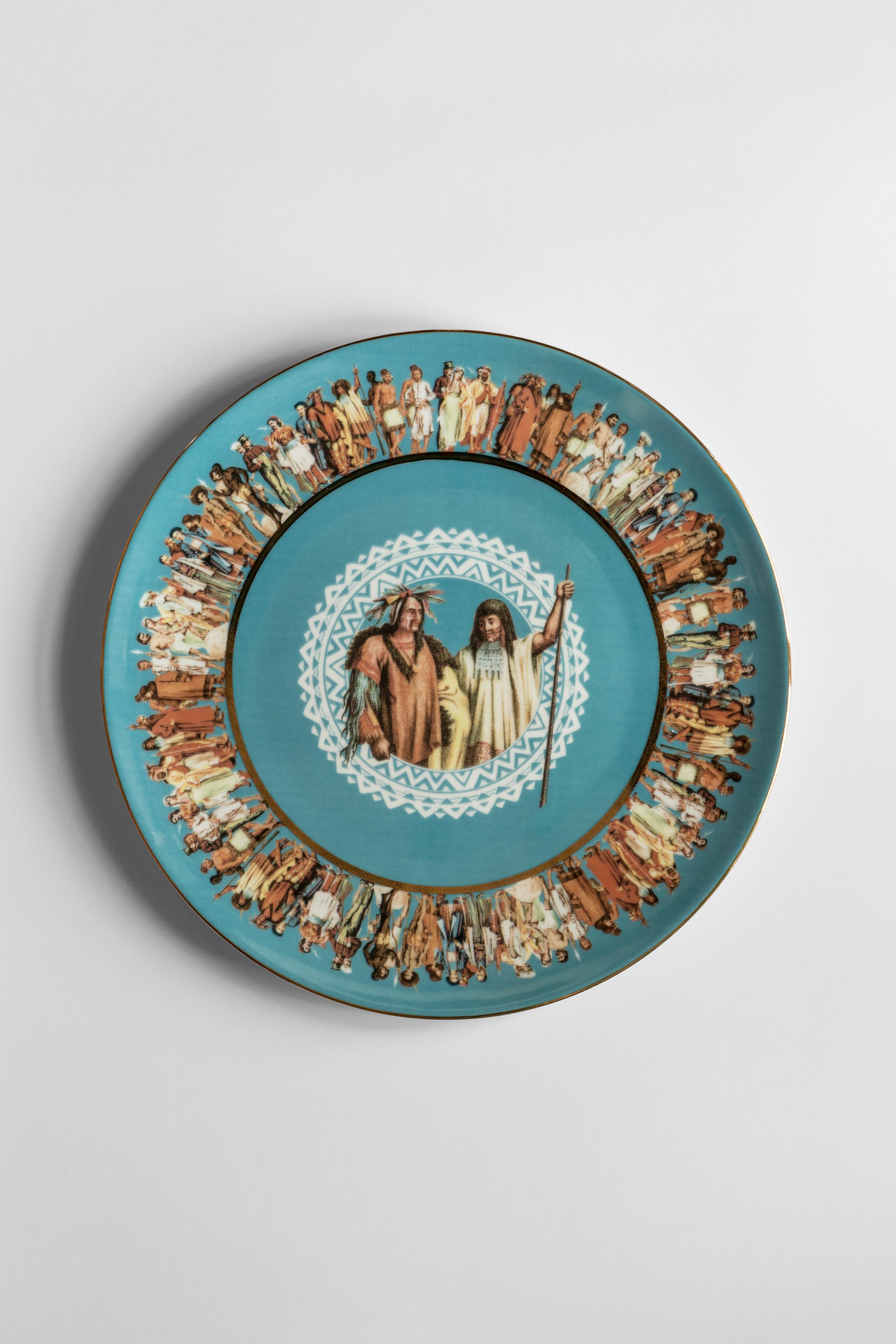 Italian Human Being, Six Contemporary Porcelain Dinner Plates with Decorative Design For Sale