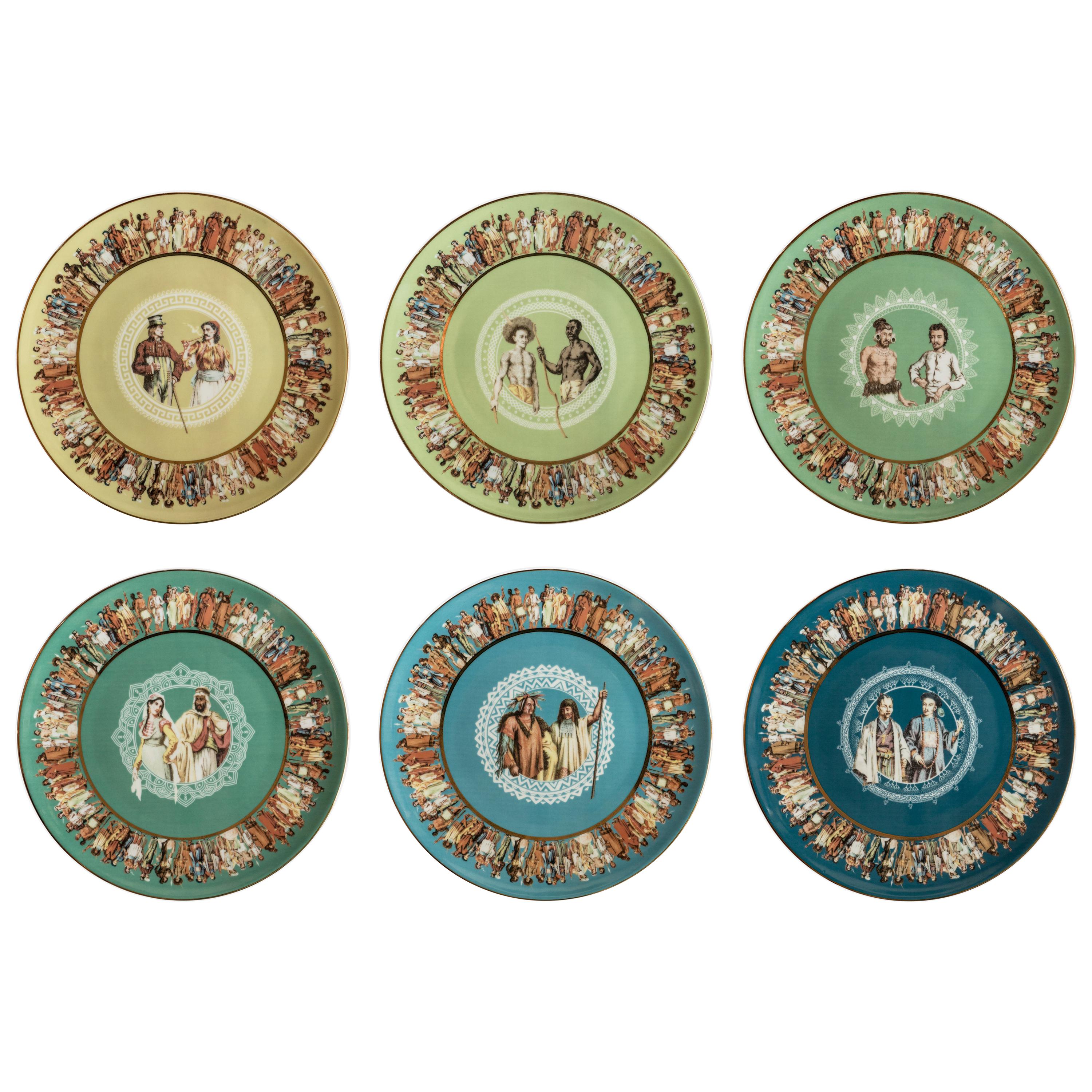 Human Being, Six Contemporary Porcelain Dinner Plates with Decorative Design For Sale