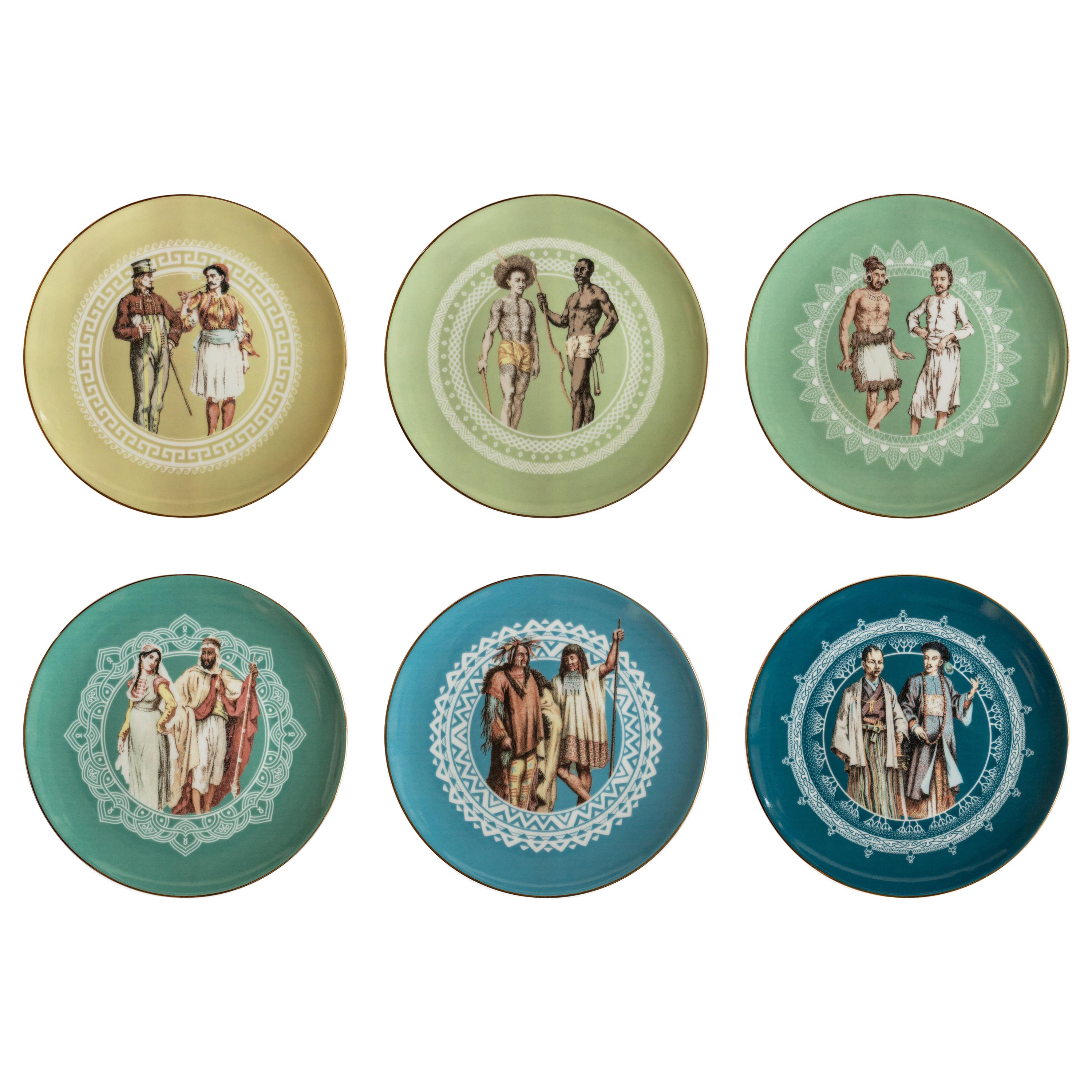 Human Being, Six Contemporary Porcelain Dessert Plates with Decorative Design For Sale