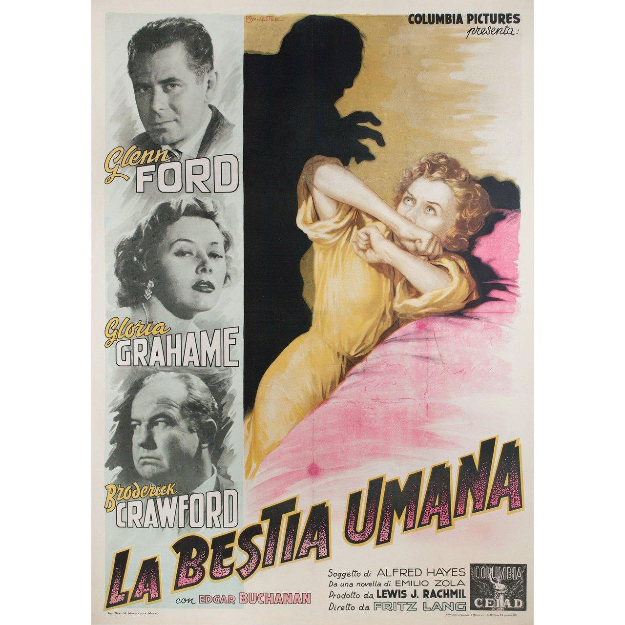 Original 1954 Italian due fogli poster by Anselmo Ballester for the film Human Desire directed by Fritz Lang with Glenn Ford / Gloria Grahame / Broderick Crawford / Edgar Buchanan. Very Good-Fine condition, linen-backed with color fading. This