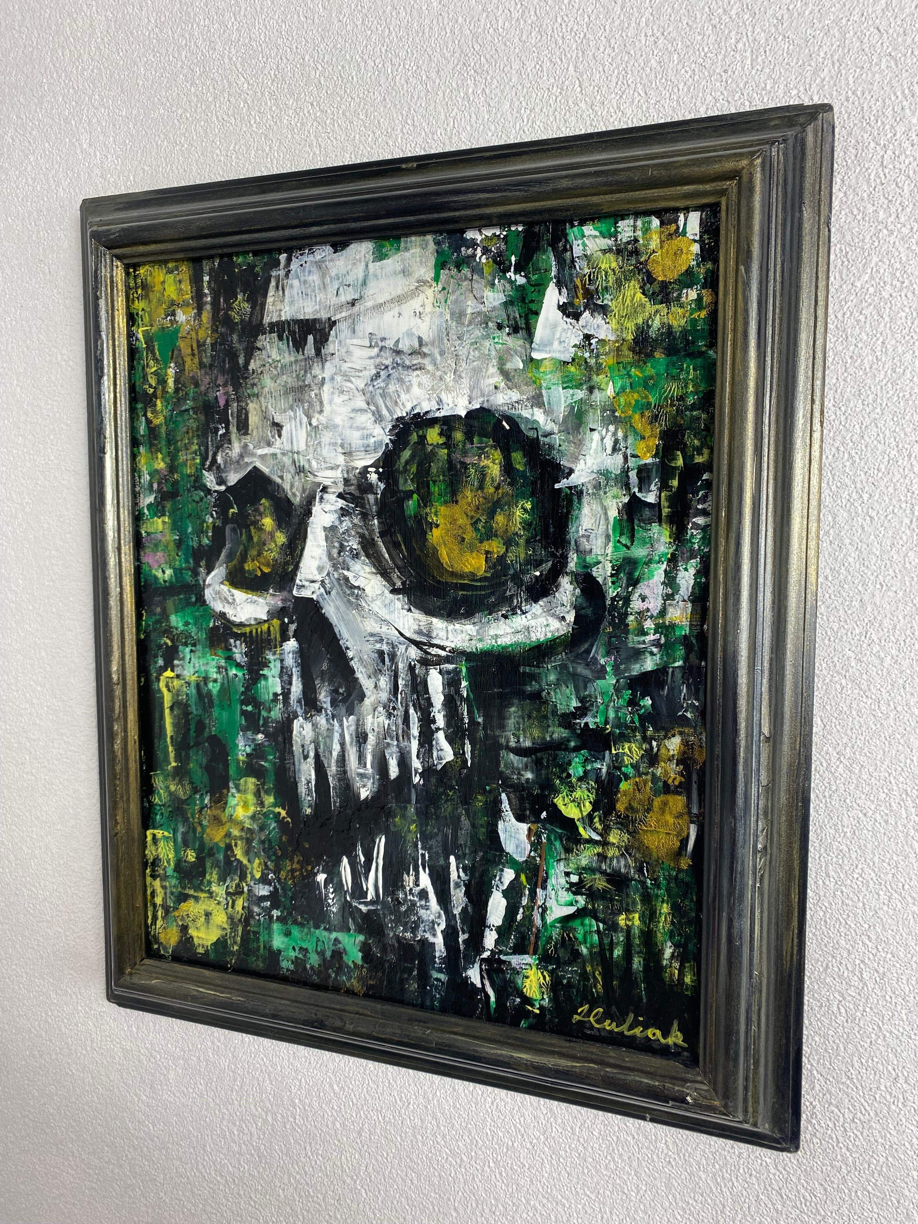 The image shows a human skull in the forest. The author reflects his difficult period in life . On the back of the painting is a study of a nude lady. The author of the work is Juraj Huliak, a very talented young artist from Slovakia. Technique