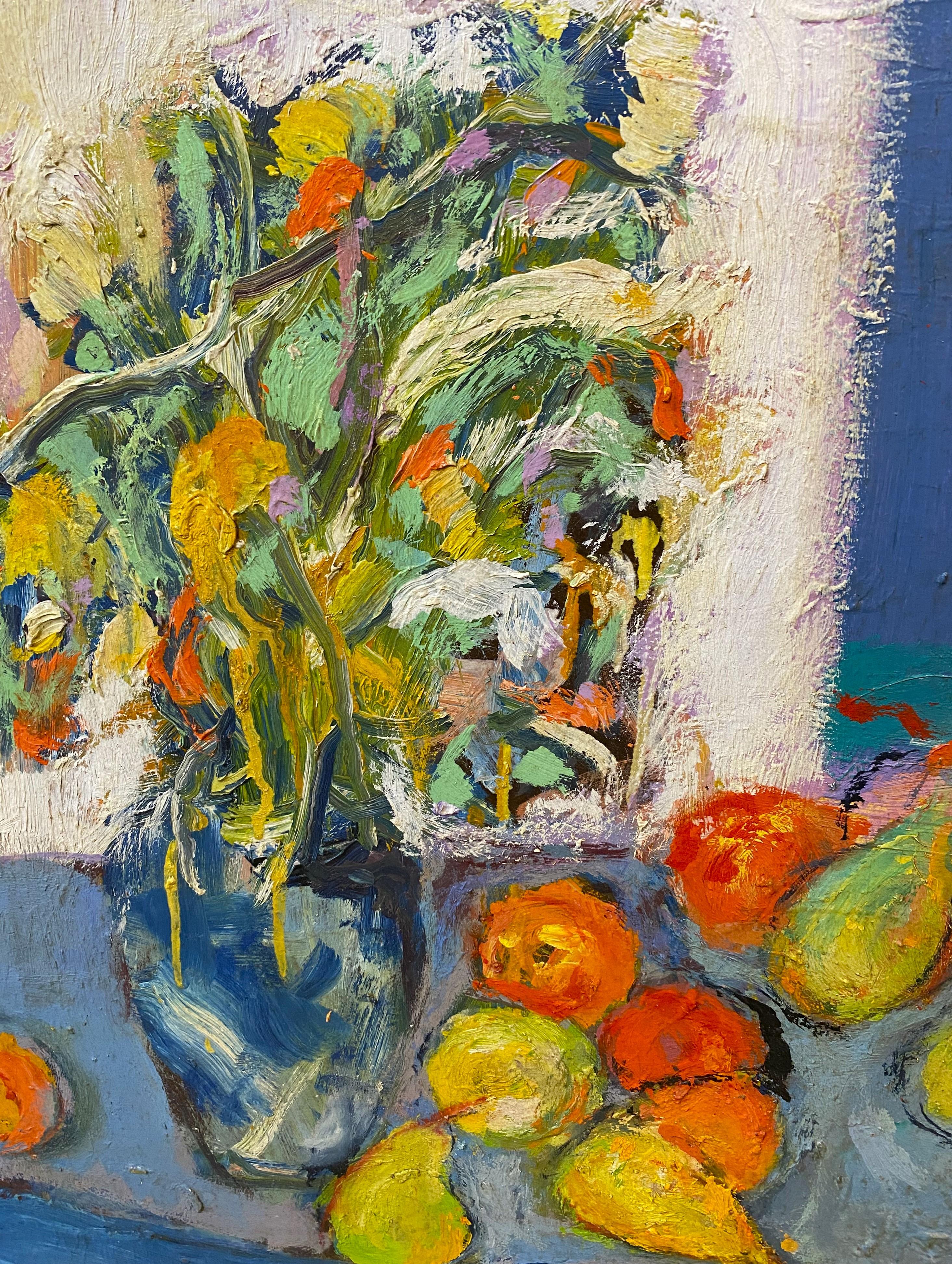 A colorful impressionist floral still life with fruit by American artist Humbert Howard (1905-1990). Howard was born in Philadelphia and considered an important figure among contemporary African-American artists. He was educated at Howard University