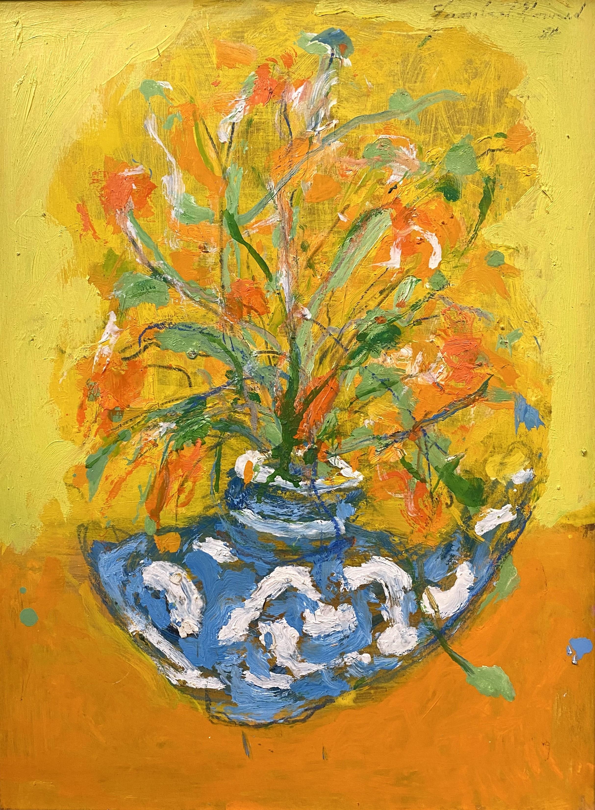 Still-Life Painting Humbert Howard - Fleurs avec fond jaune