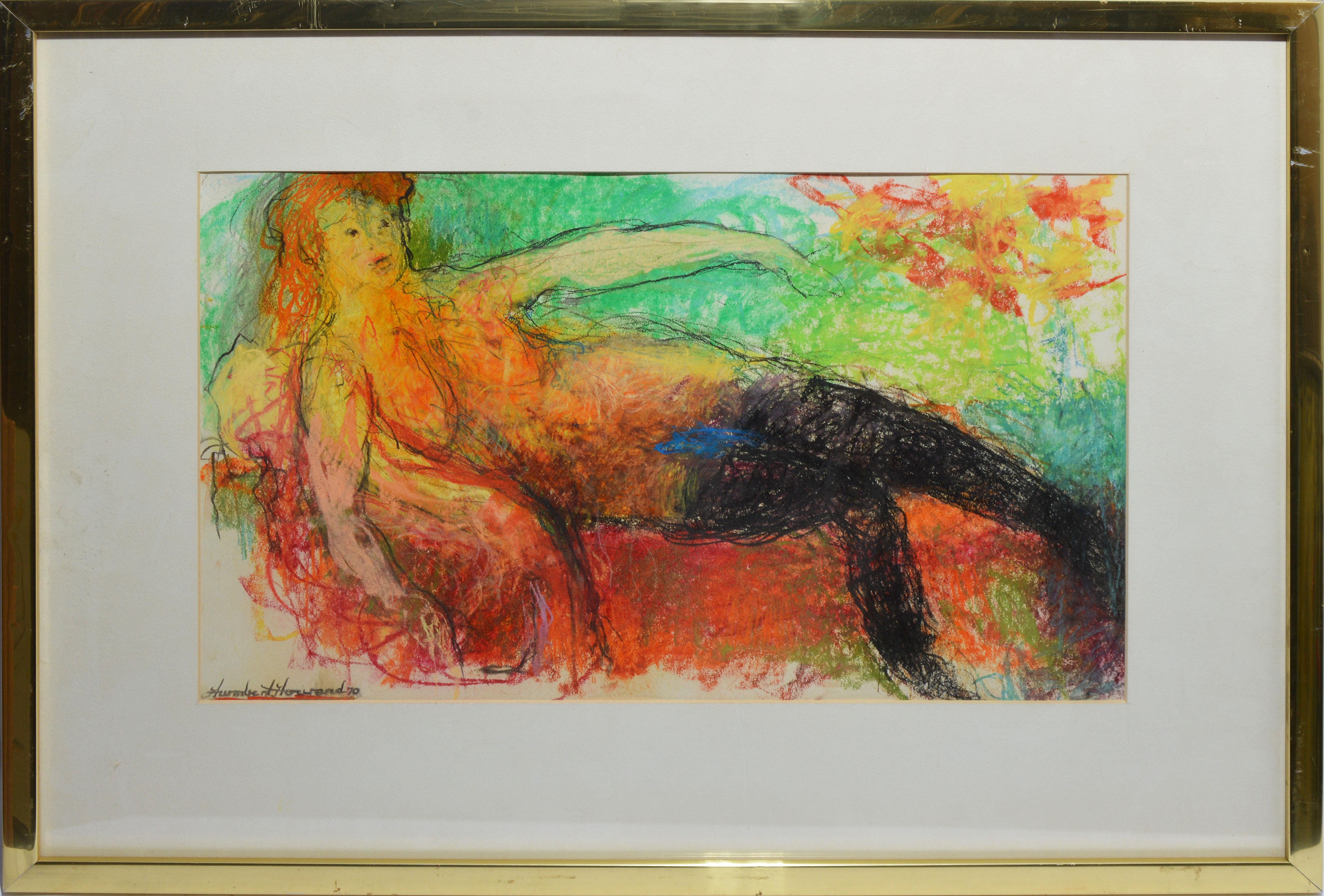 Vintage American modernist painting by Humbert Howard  (1905 - 1990).  Watercolor and gouache on paper, circa 1970.  Signed.  Displayed in a gold frame.  Image, 22"L x 14"H, overall 31"L x 23"H.