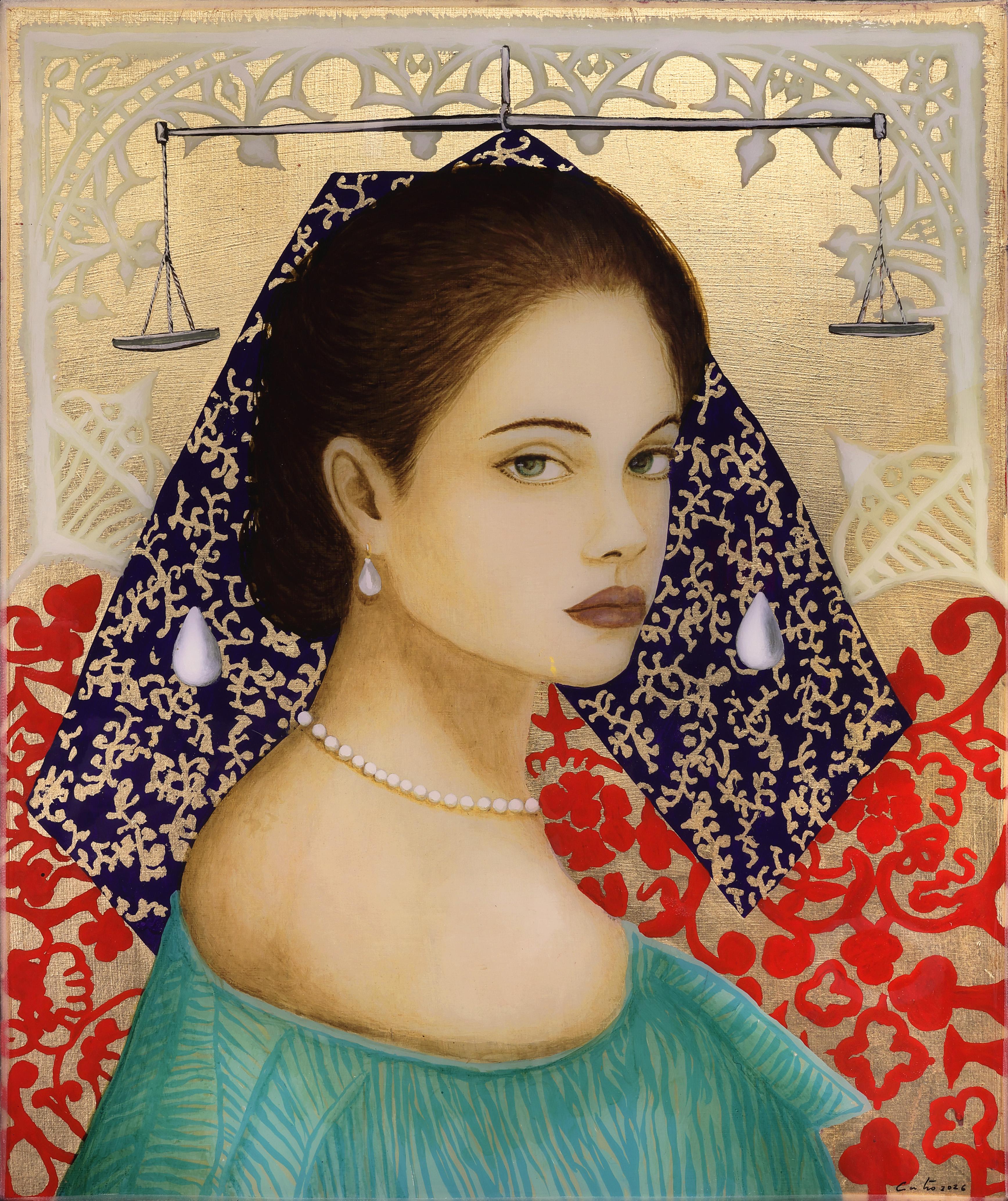 Humberto Castro
Vemeer soul of pearls, 2026
Acrylic, gold leaf, and resin on wood
20 x 24 inches
Signed by the artist