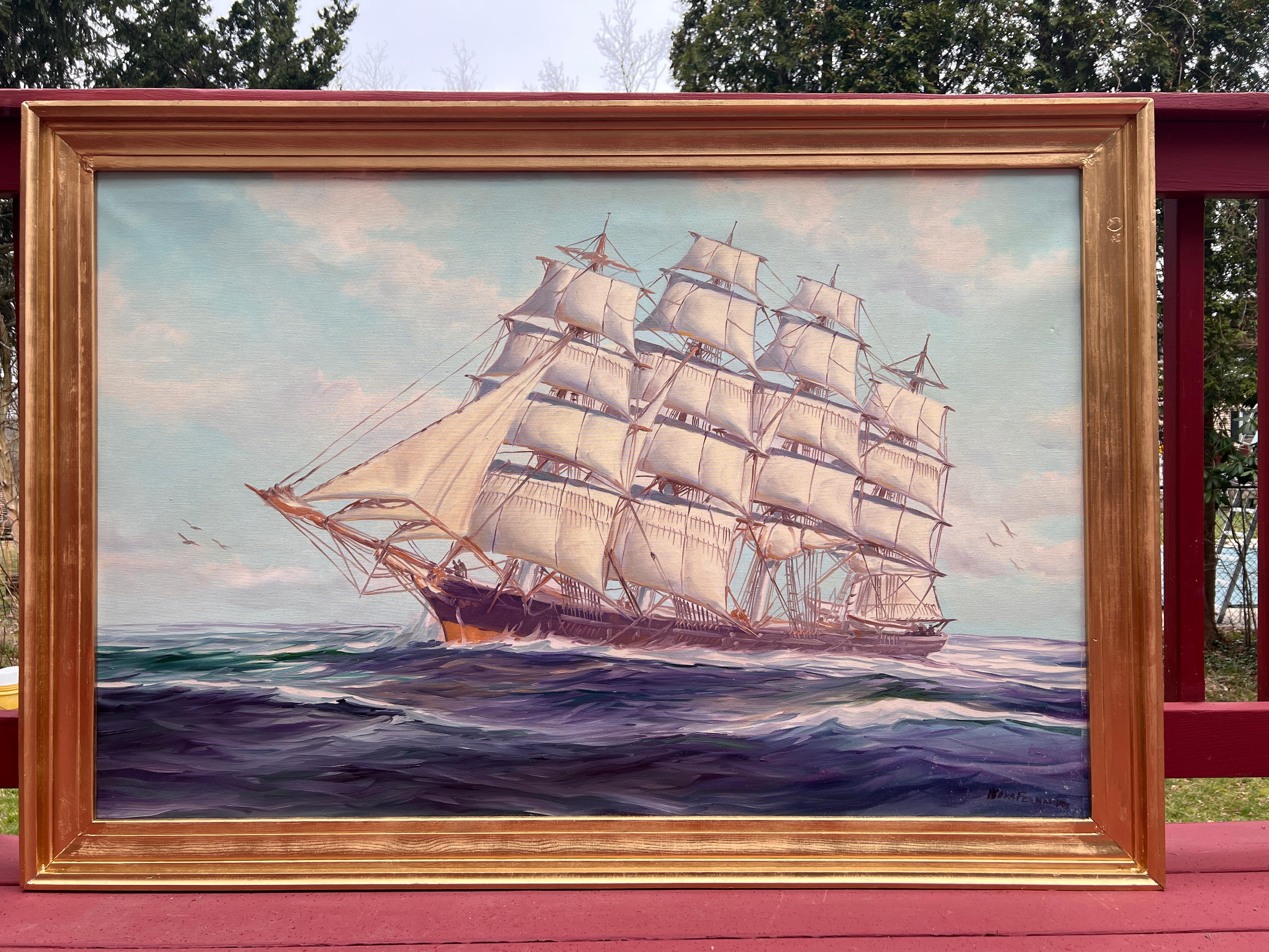 Humberto da Silva Fernandes (1937-2005) Clipper Ship Huge Oil Painting on Canvas For Sale 9