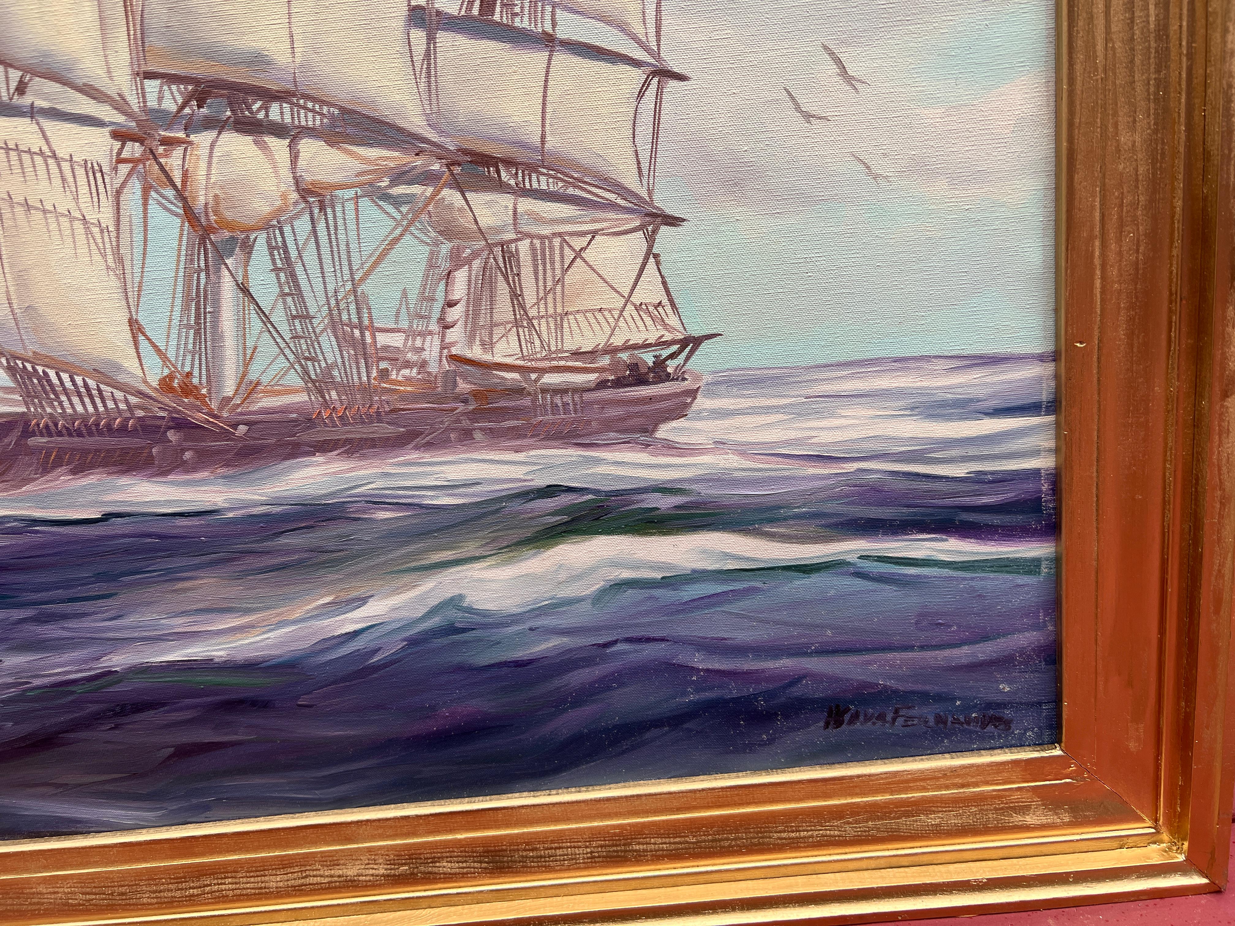Humberto da Silva Fernandes (1937-2005) Clipper Ship Huge Oil Painting on Canvas For Sale 5