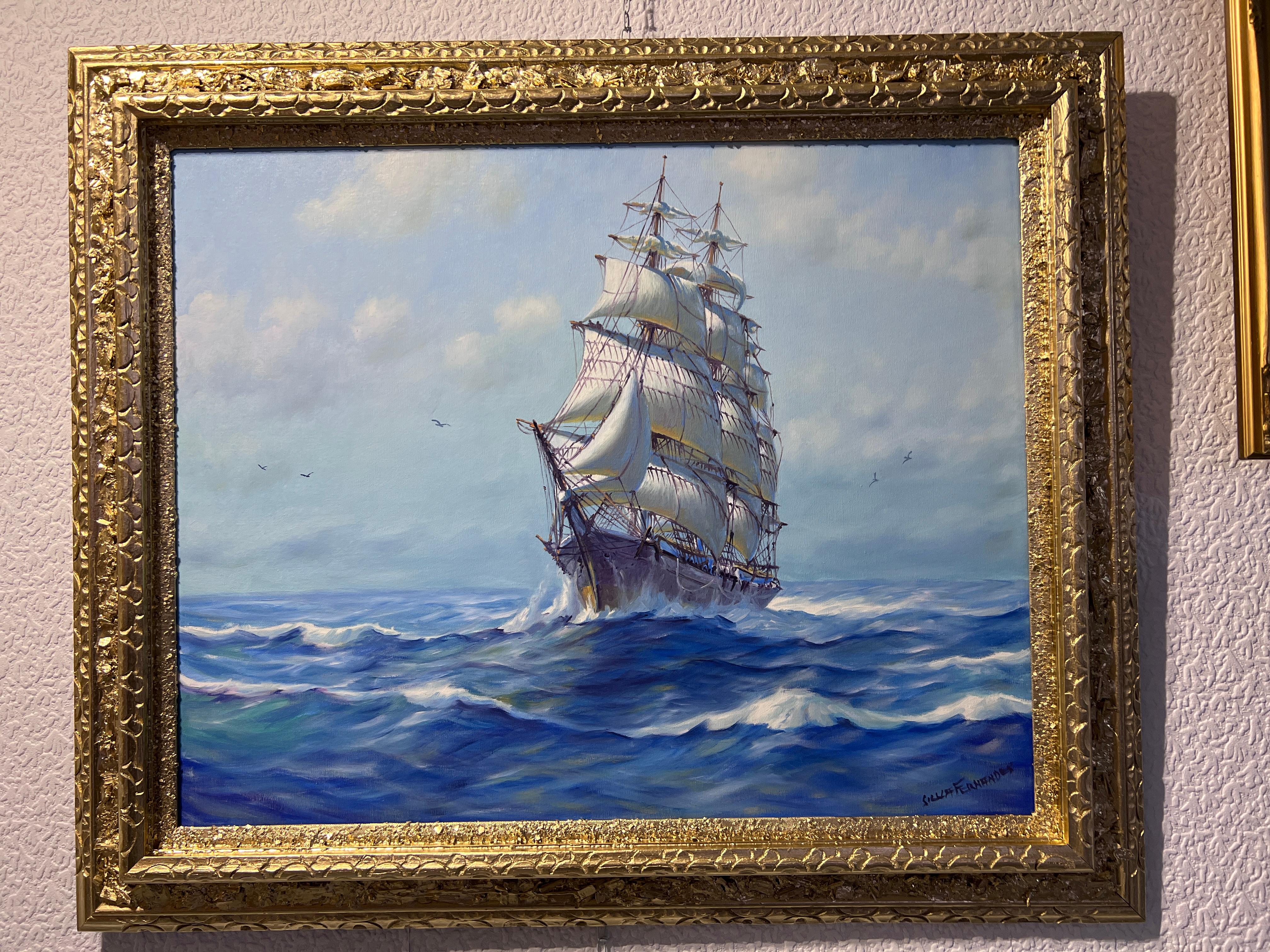 This is an amazing original oil painting on canvas of the famous Brazilian-American Artist, Humberto da Silva Fernandes (1937-2005) depicting a Clipper Ship under Full Sail. The sea surrounds the ship with gentle waves lapping against the hull,  and