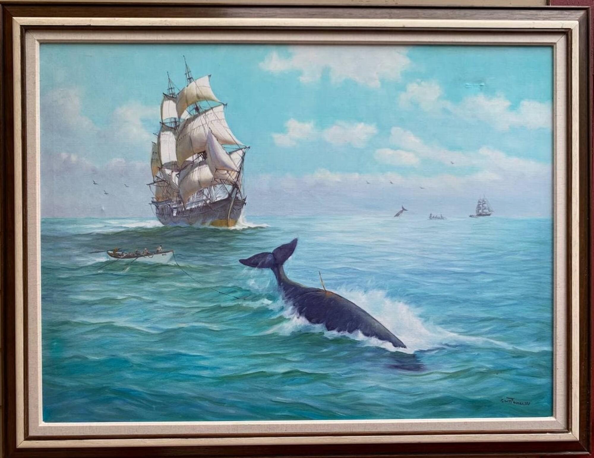 Dies ist ein erstaunliches Original-Ölgemälde auf Leinwand des berühmten portugiesisch-amerikanischen Malers Humberto da Silva Fernandes (1937-2005), das ein Klipperschiff unter vollen Segeln und eine Gruppe von Matrosen darstellt, die einem Wal in