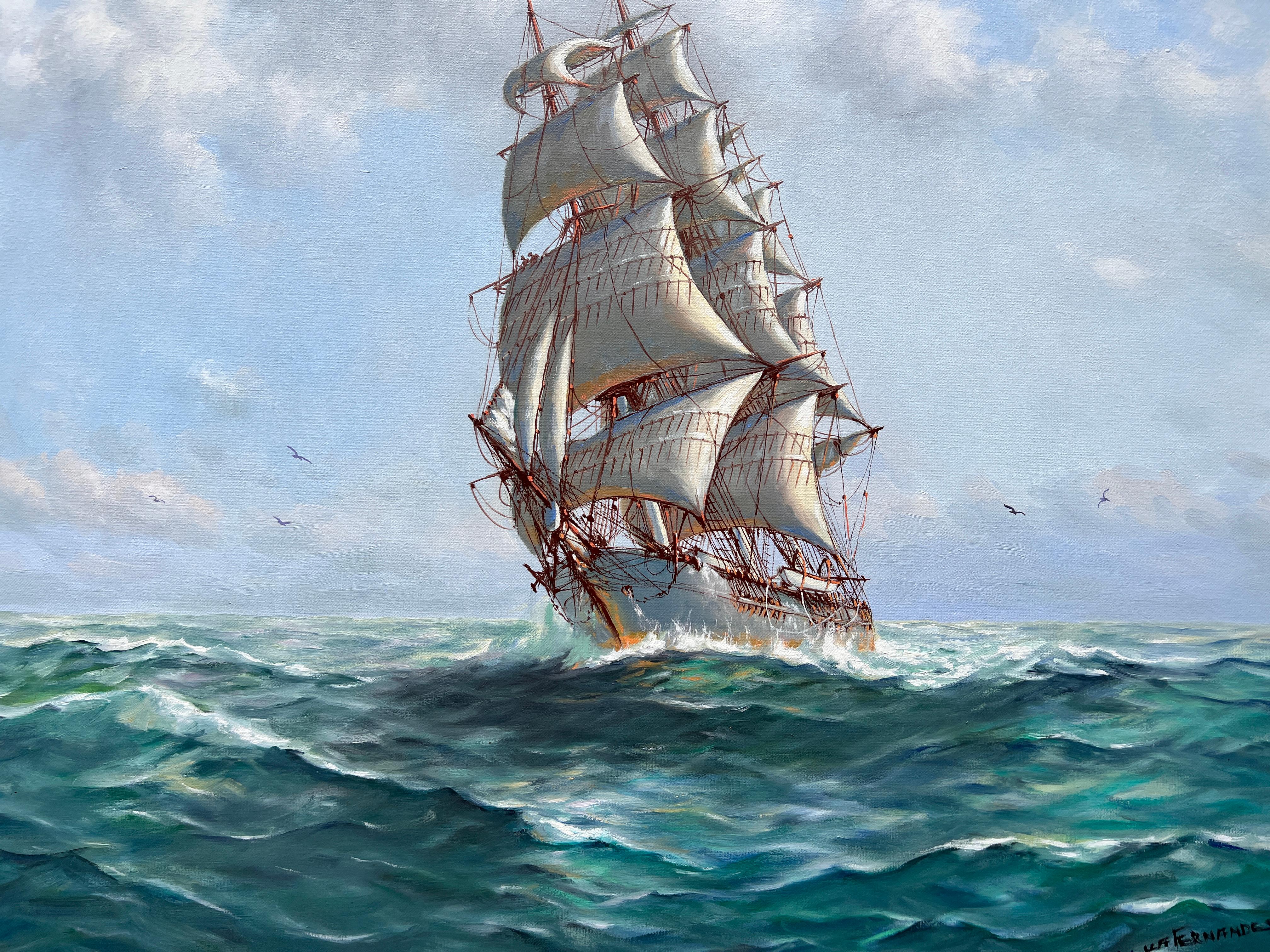 Il s'agit d'une étonnante peinture à l'huile originale sur toile du célèbre peintre luso-américain Humberto da Silva Fernandes (1937-2005) représentant un navire Clipper à pleine voile et un groupe de marins suivant une baleine dans une mer