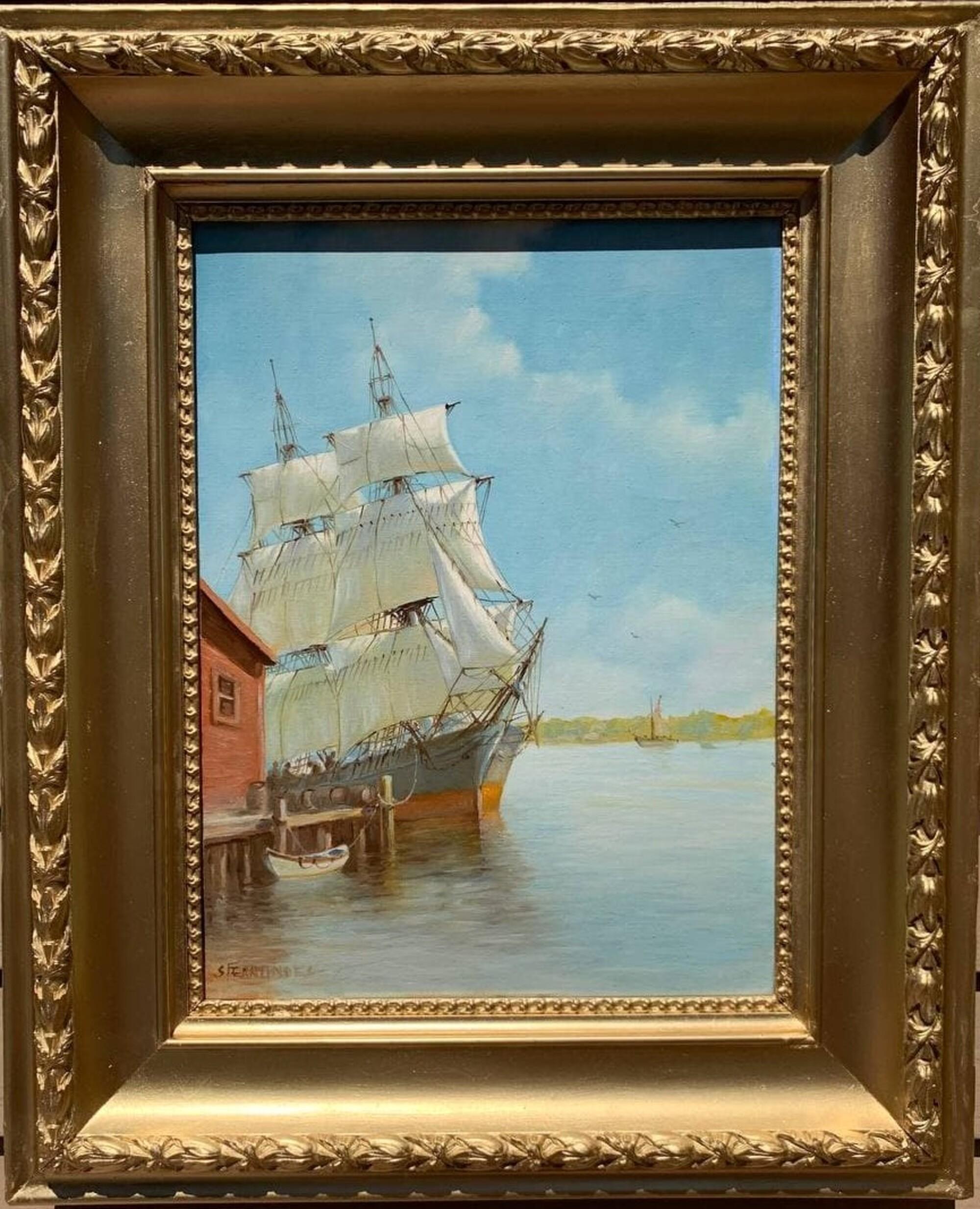 This is an amazing original oil painting on canvas of the famous Brazilian-American painter, Humberto da Silva Fernandes (1937-2005) depicting a Ship at the pier, a Harbor dock scene, seascape.

Humberto da Silva Fernandes (1937-2005) was a