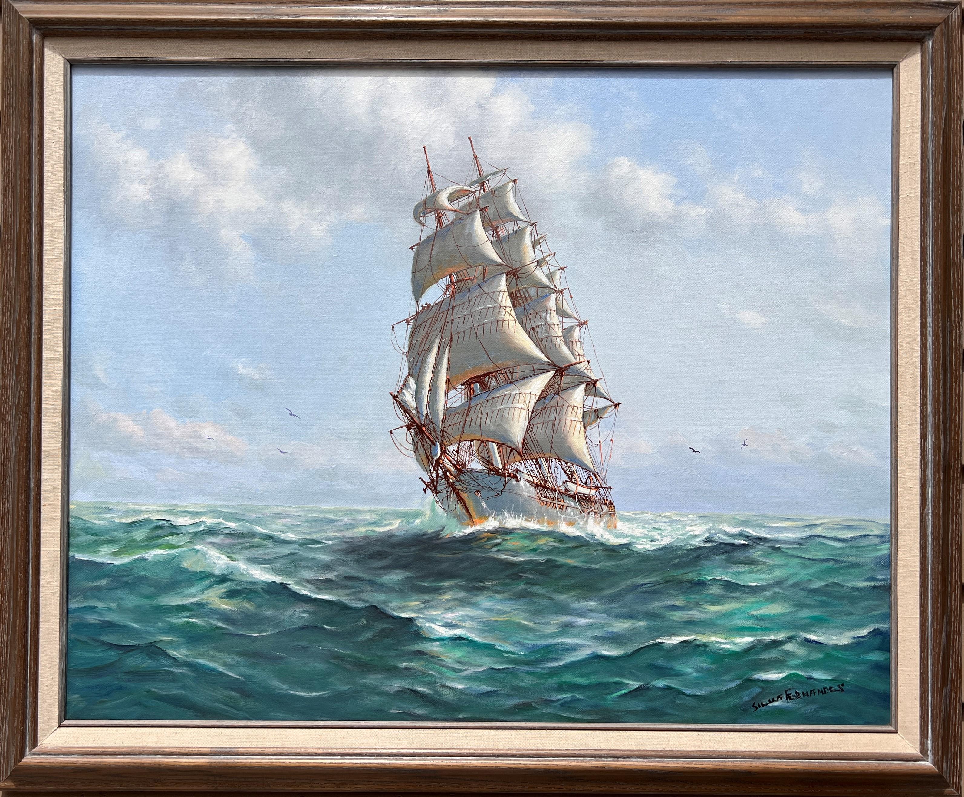 This is an amazing original oil painting on canvas of the famous Portuguese-American painter, Humberto da Silva Fernandes (1937-2005) depicting a Clipper Ship under Full Sail and a group of sailors following a whale in a stormy sea. 

Humberto da
