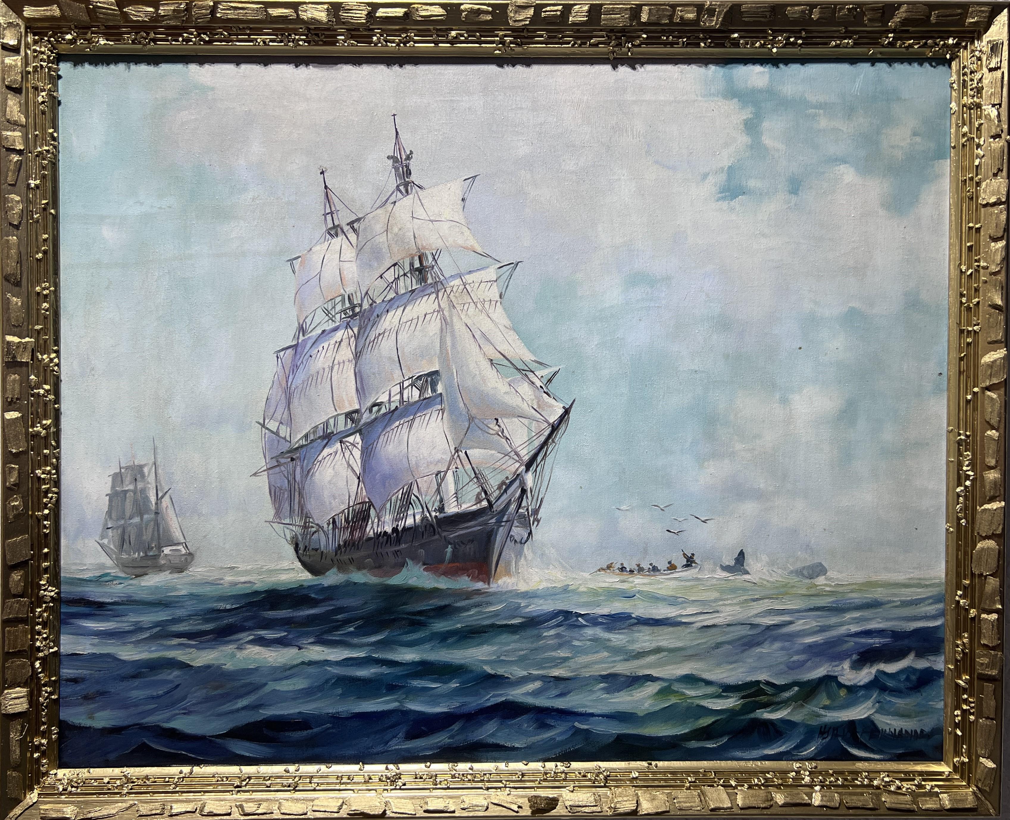 This is an amazing original oil painting on canvas of the famous Brazilian-American painter, Humberto da Silva Fernandes (1937-2005) depicting a Clipper Ship under Full Sail and a group of sailors following a whale in a stormy sea. 

Humberto da