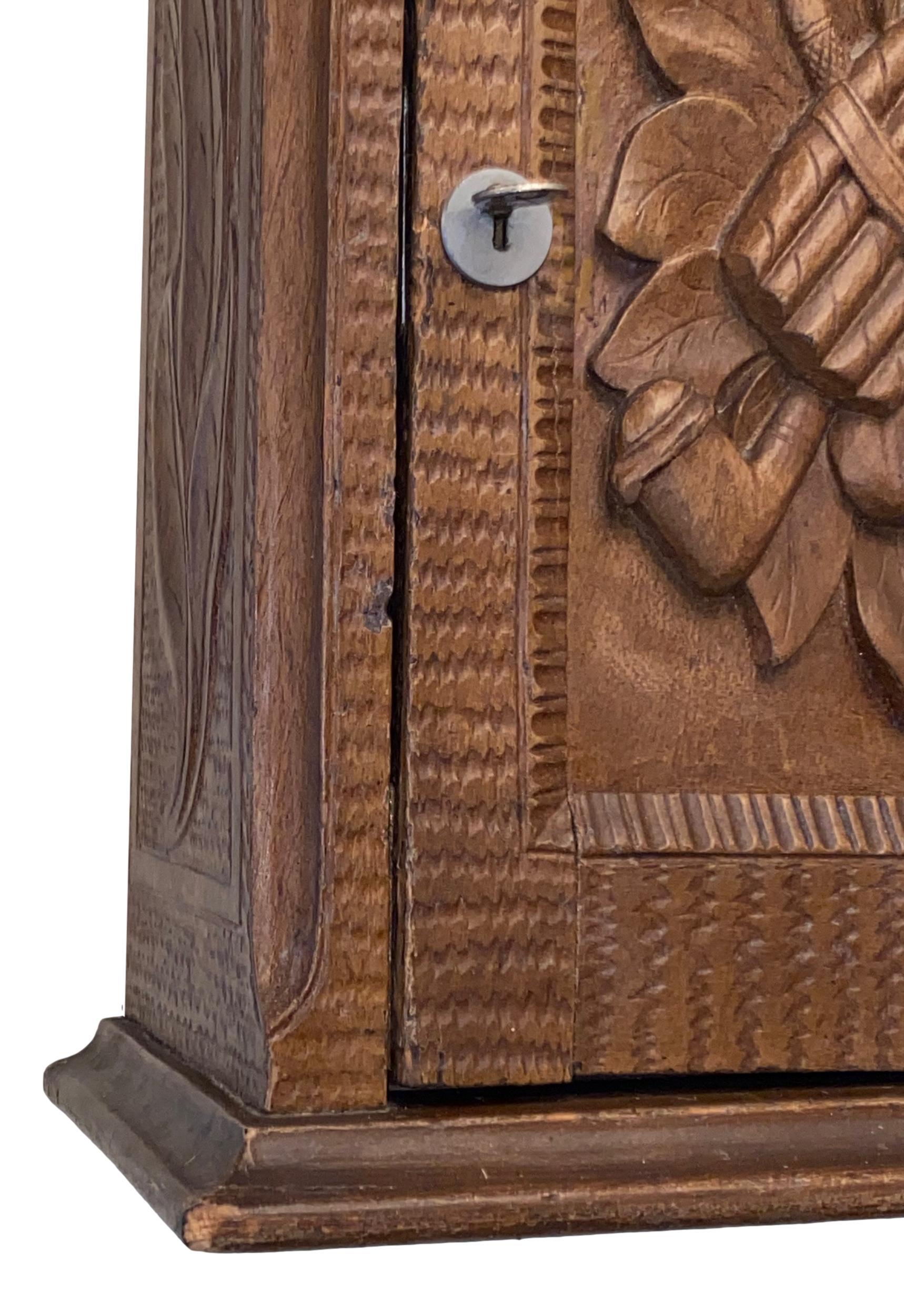 German Cigar Humidor, Estate Pipe Wall Cabinet, Black Forest Brienz Wood Carved Antique For Sale