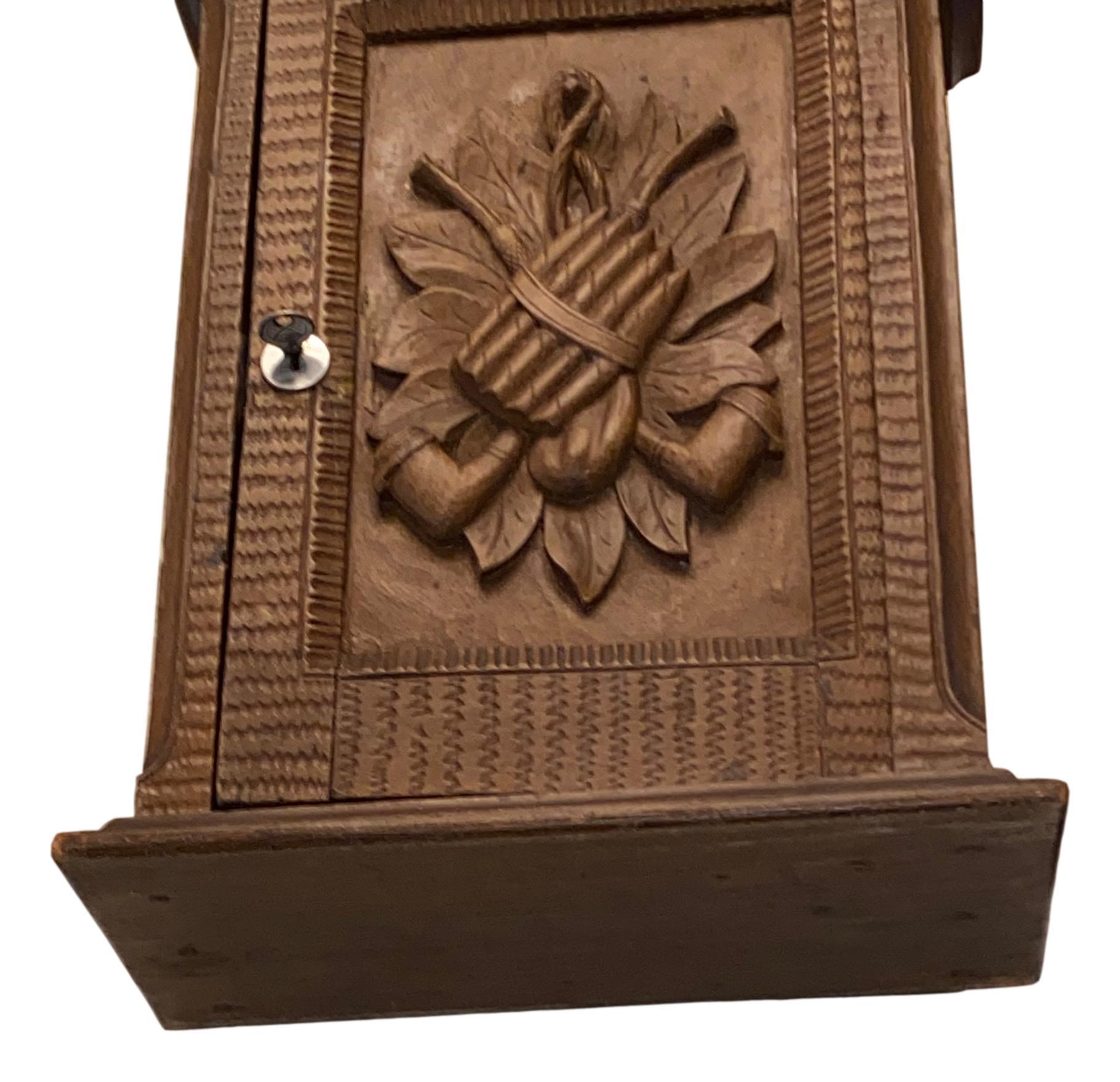 19th Century Cigar Humidor, Estate Pipe Wall Cabinet, Black Forest Brienz Wood Carved Antique For Sale