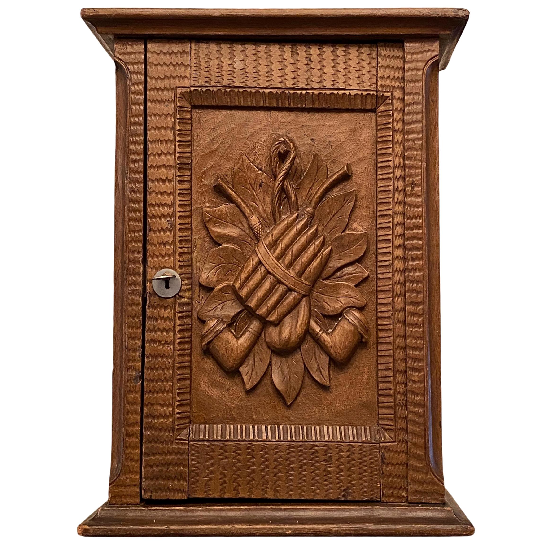 Cigar Humidor, Estate Pipe Wall Cabinet, Black Forest Brienz Wood Carved Antique