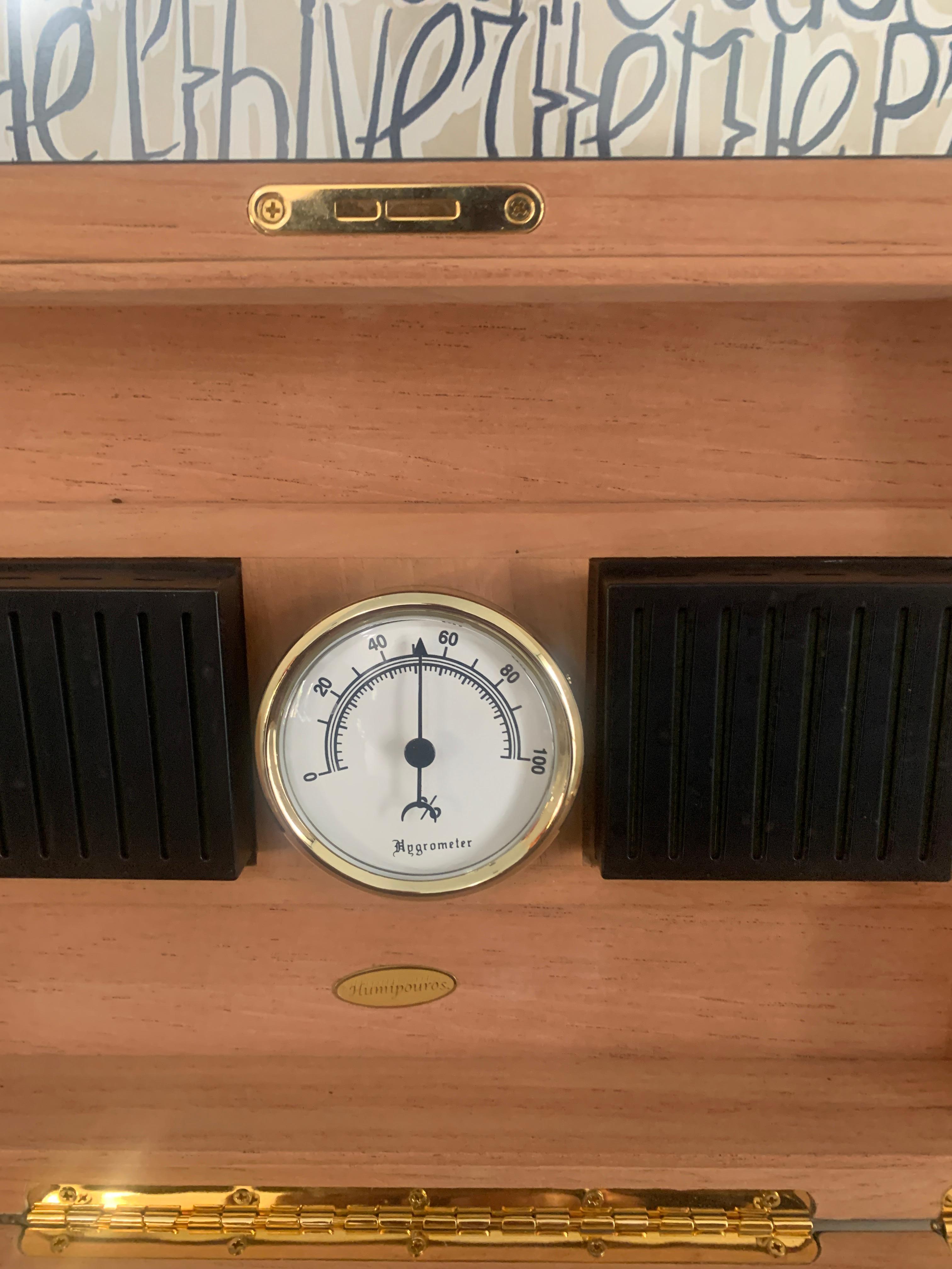 20th Century Humidor with Adjustable Dual Level Shelves with Gauge in Polished Black Lacquer