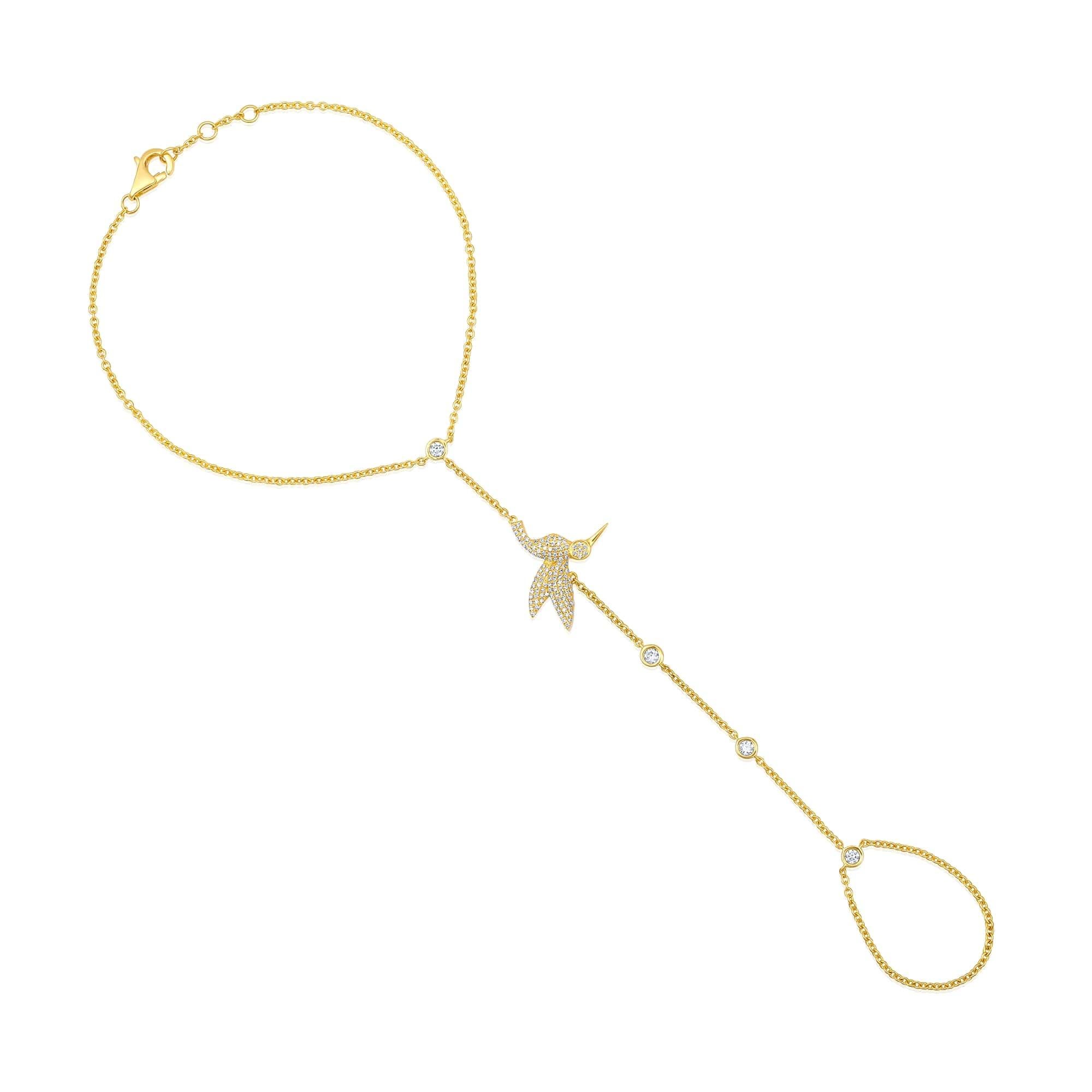 Moderne Chaîne à la main Hummingbird en or jaune 14 carats avec 119 diamants en vente