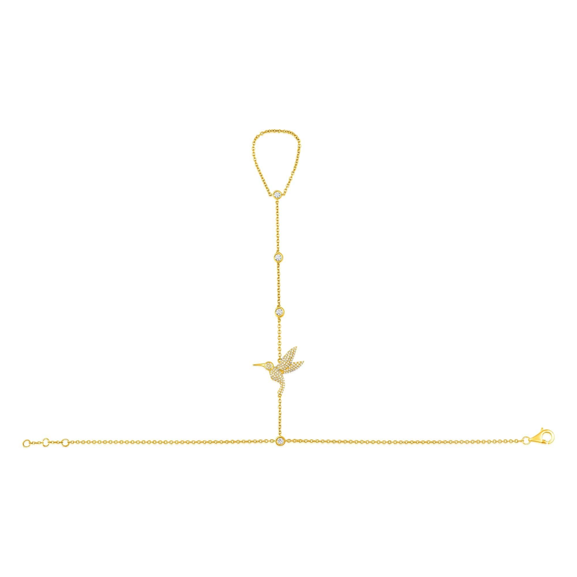 Catena a mano con colibrì in oro giallo 14K e 119 diamanti In condizioni Nuovo in vendita a Los Angeles, CA