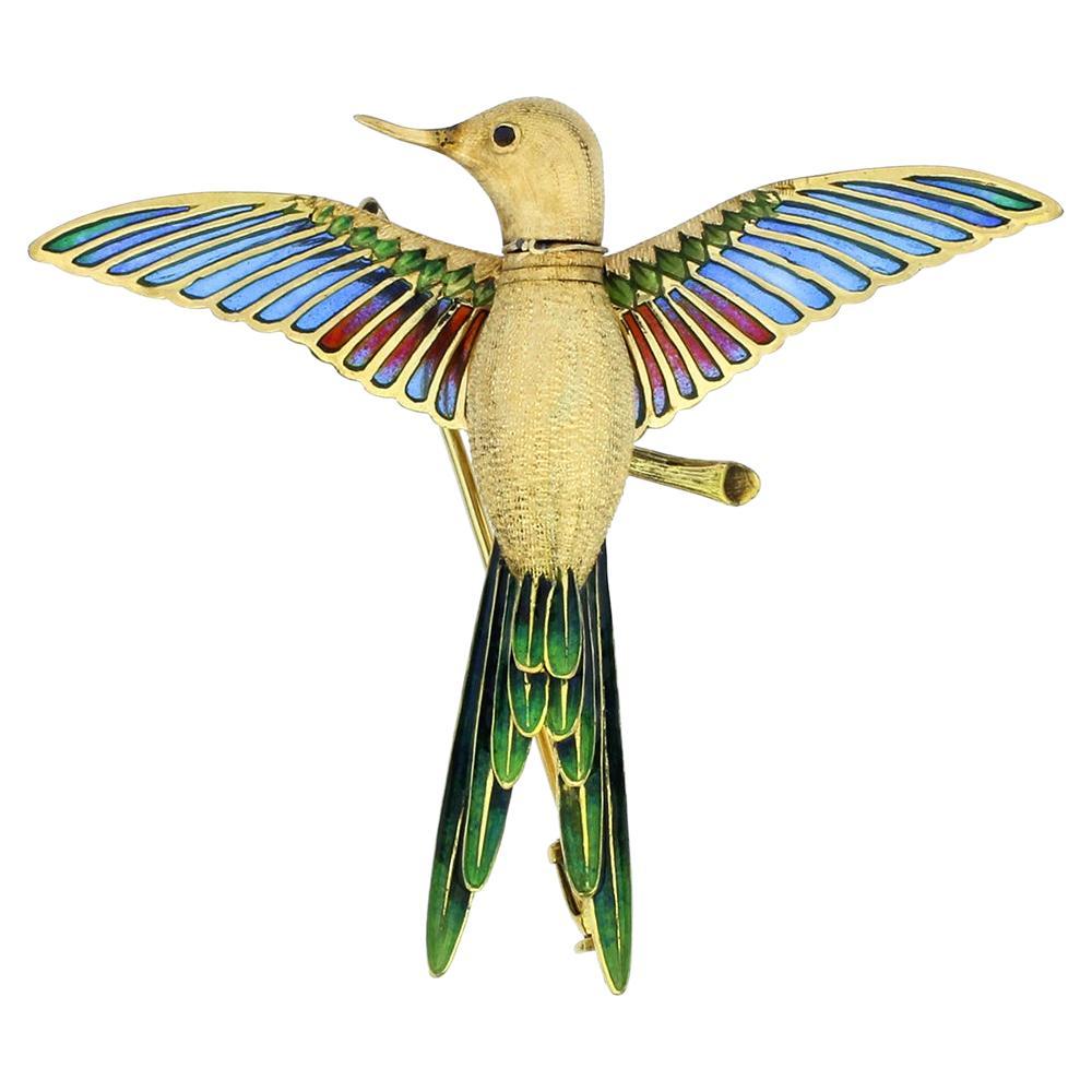 Hummingbird Articulated Head & Wings Plique a Jour Enamel 18K Brooch