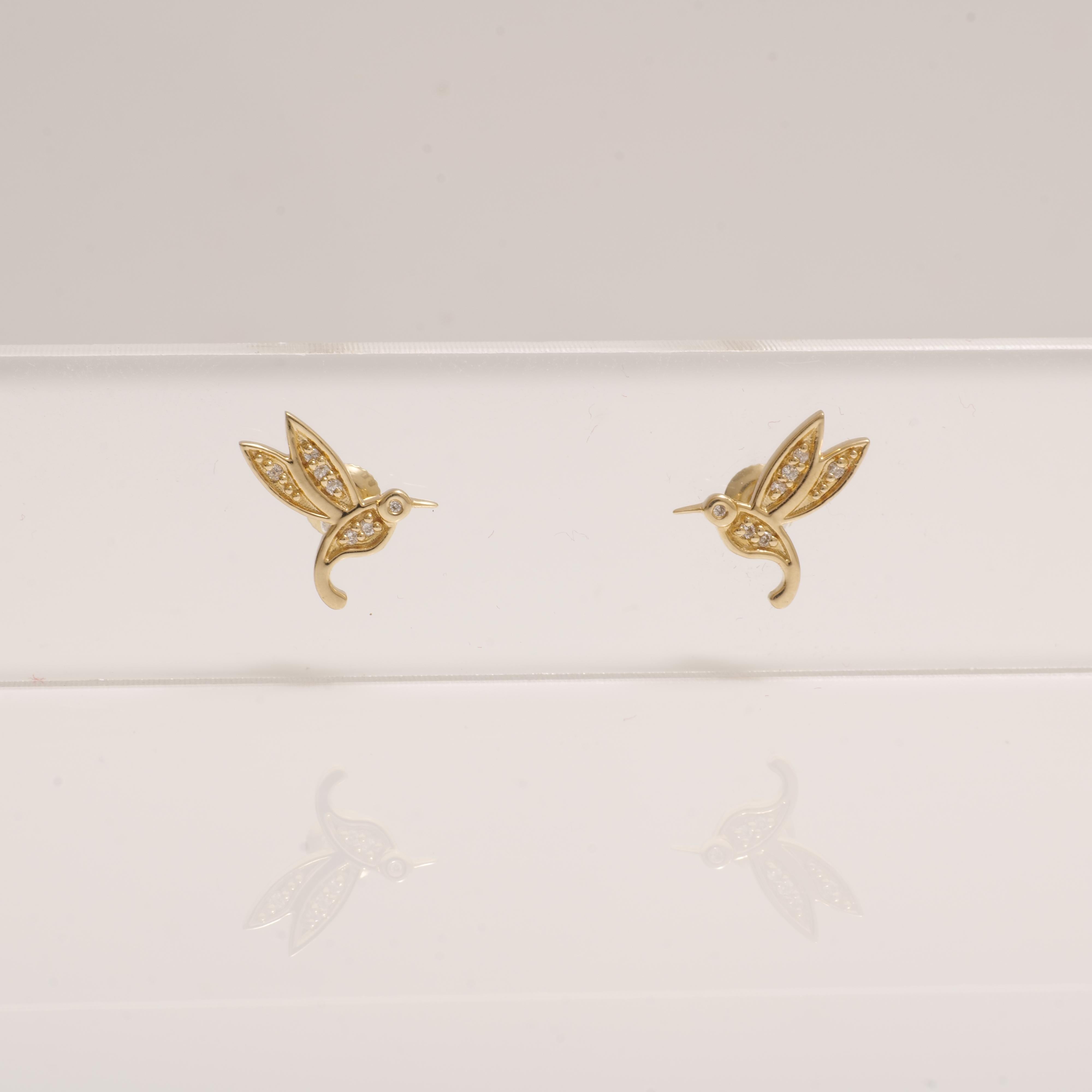 De las mujeres Pendientes infantiles de oro macizo de 14 quilates con diamantes colibrí (certificados) en venta