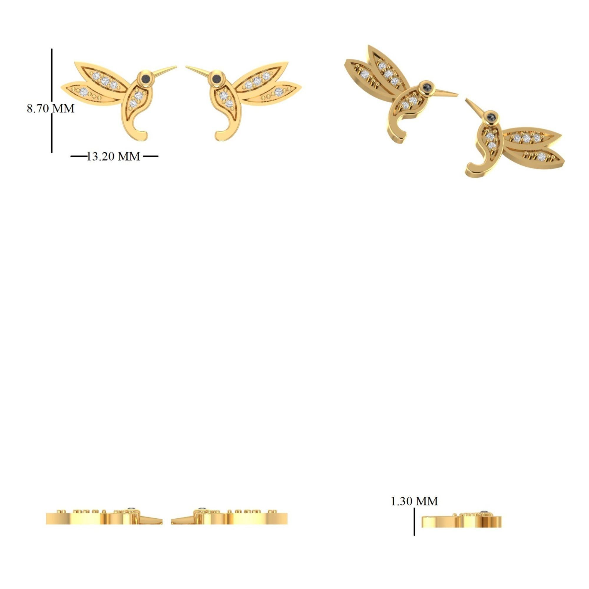 Pendientes infantiles de oro macizo de 14 quilates con diamantes colibrí (certificados) en venta 2